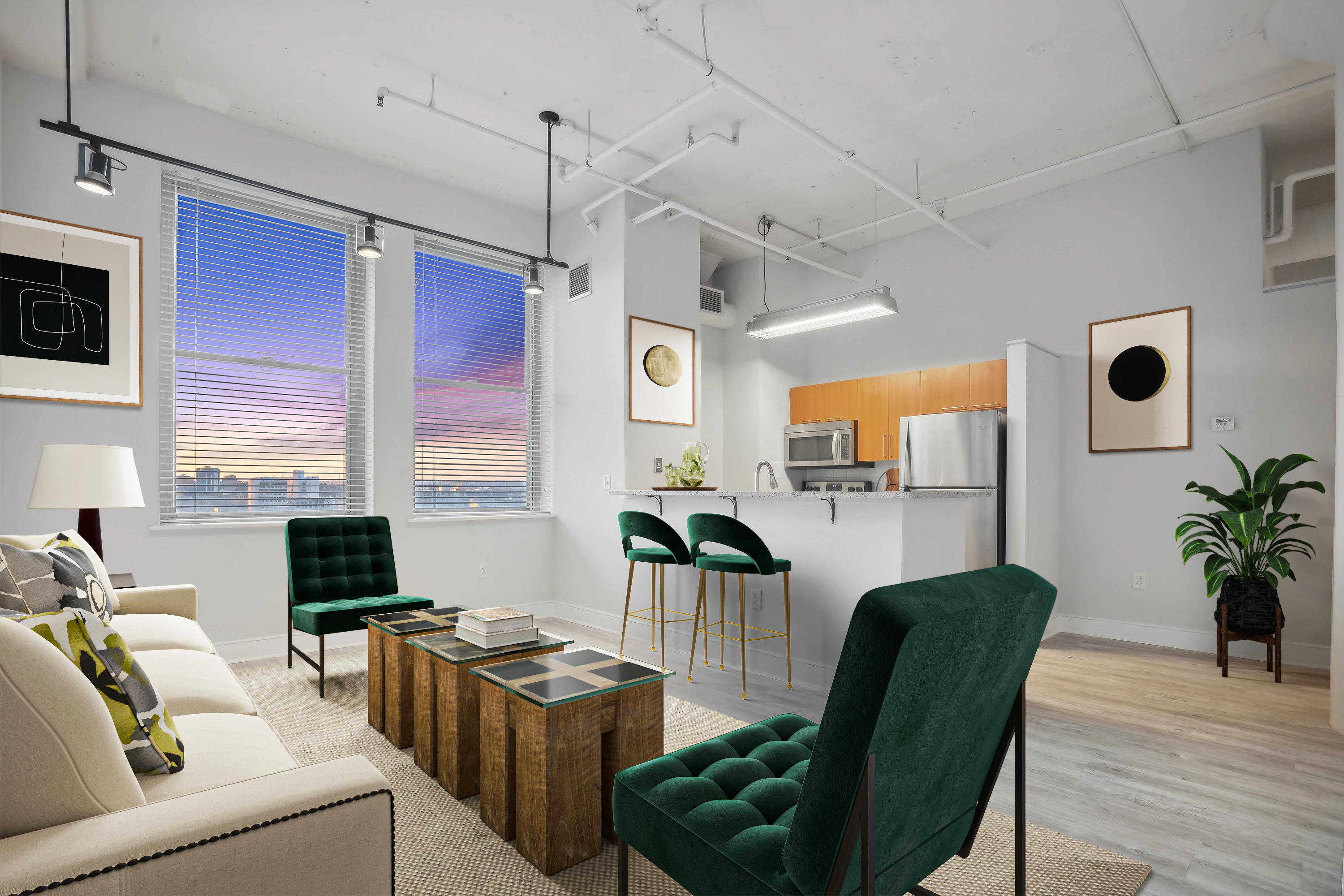 Open concept layout with breakfast bar and large windows with city view