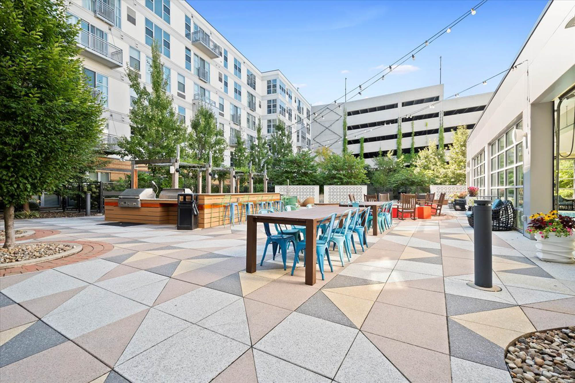 The outdoor lounge at 2626 South Side Flats apartments in Pittsburg, Pennsylvania.