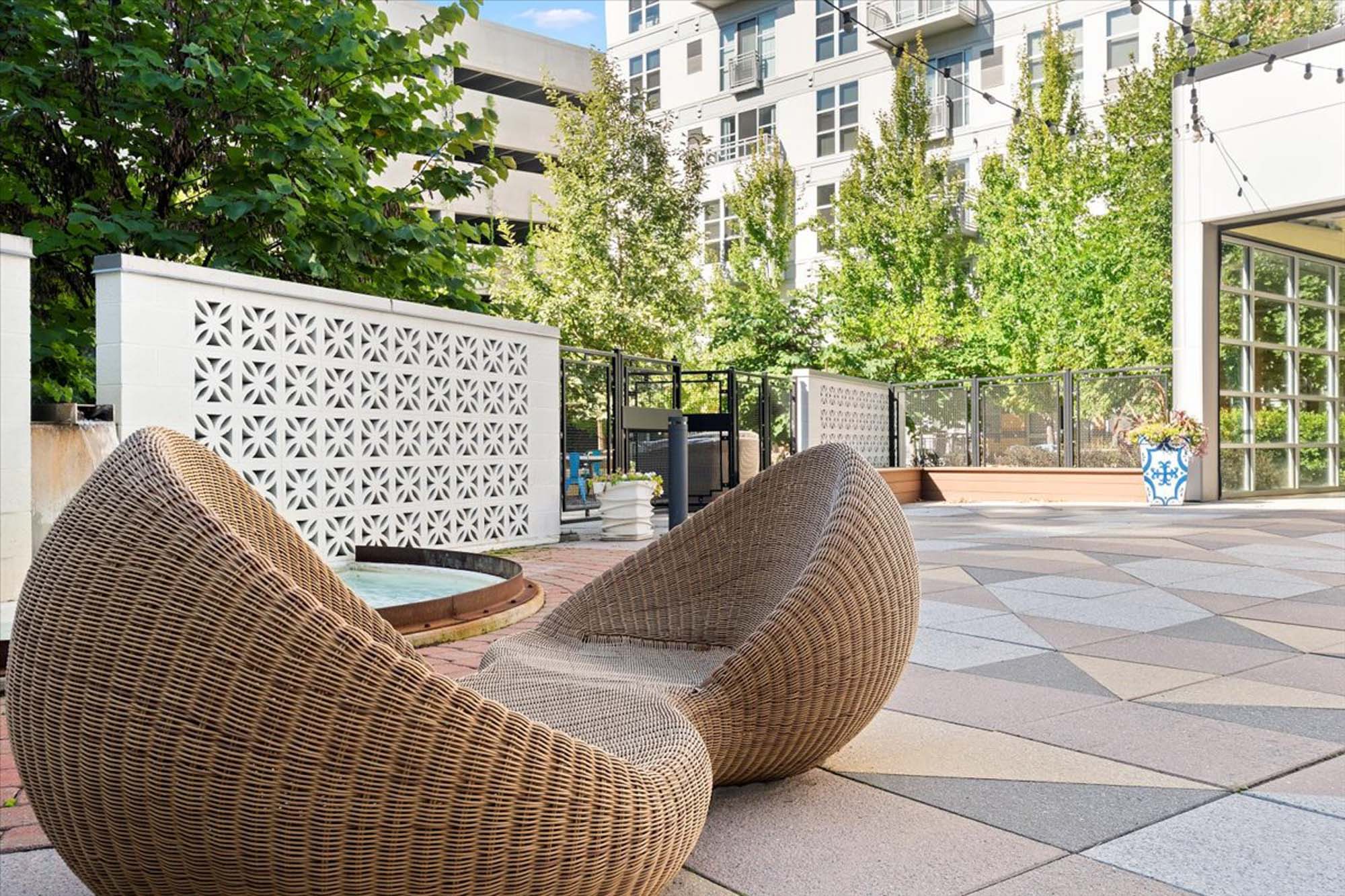 The outdoor lounge at 2626 South Side Flats apartments in Pittsburg, Pennsylvania.