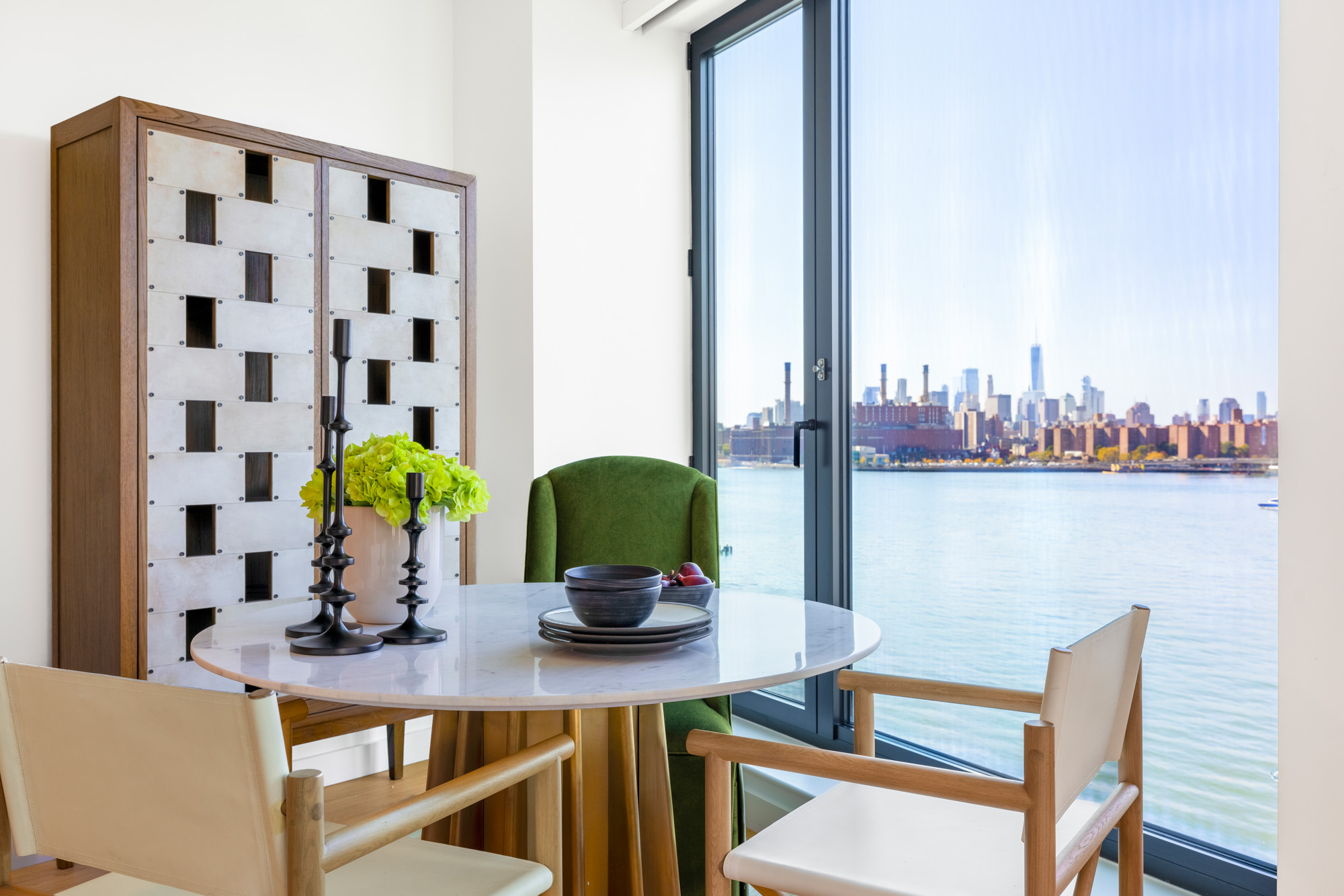 A dining area in a Eagle + West apartment in Greenpoint Landing in Brooklyn, New York.