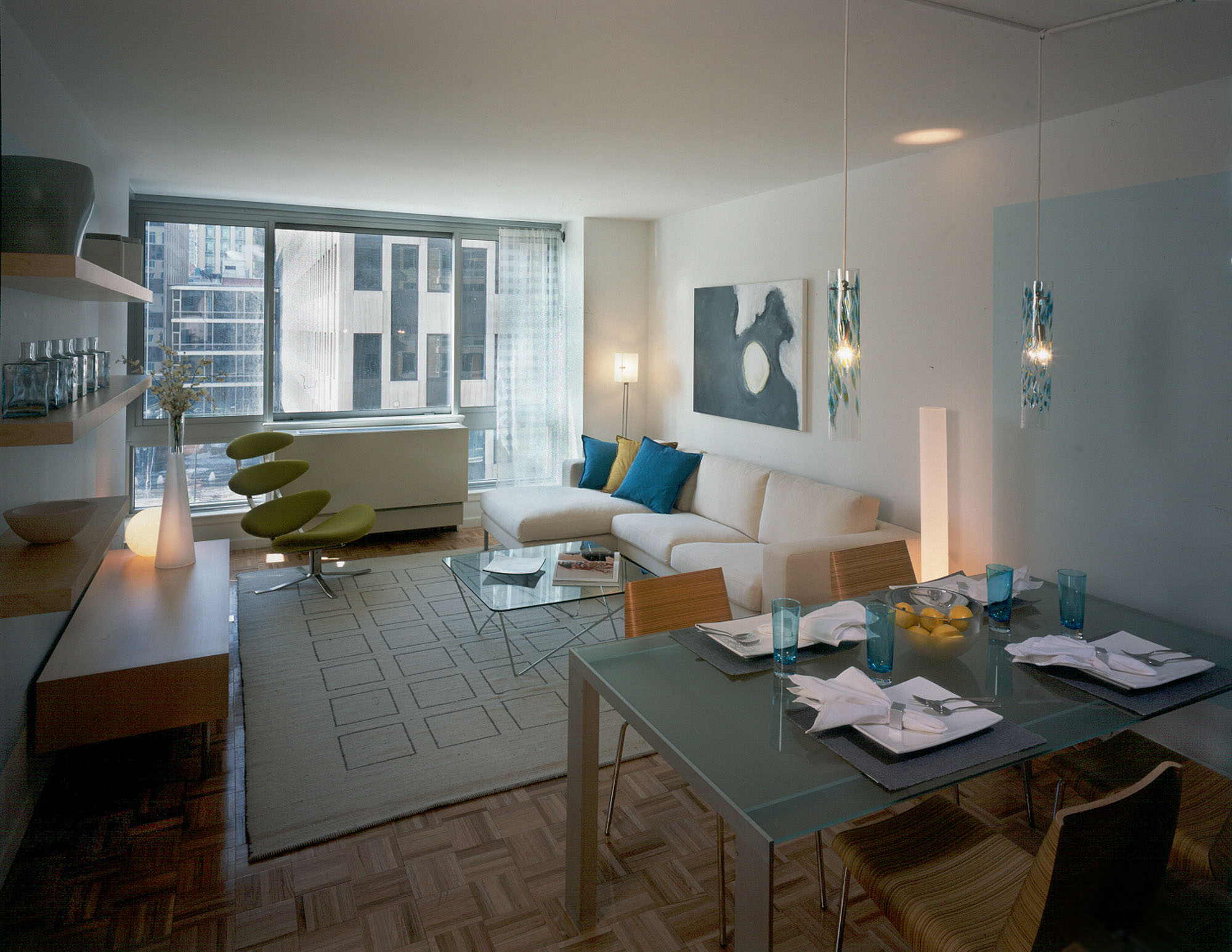 A living area in a 111 Worth apartment in New York, NY.