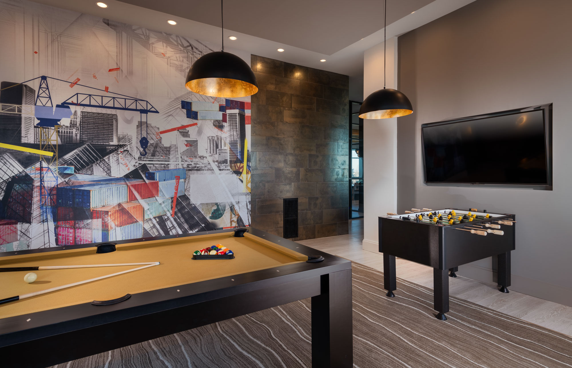 The game room at 1110 Key Federal Hill apartments in Baltimore, Maryland.