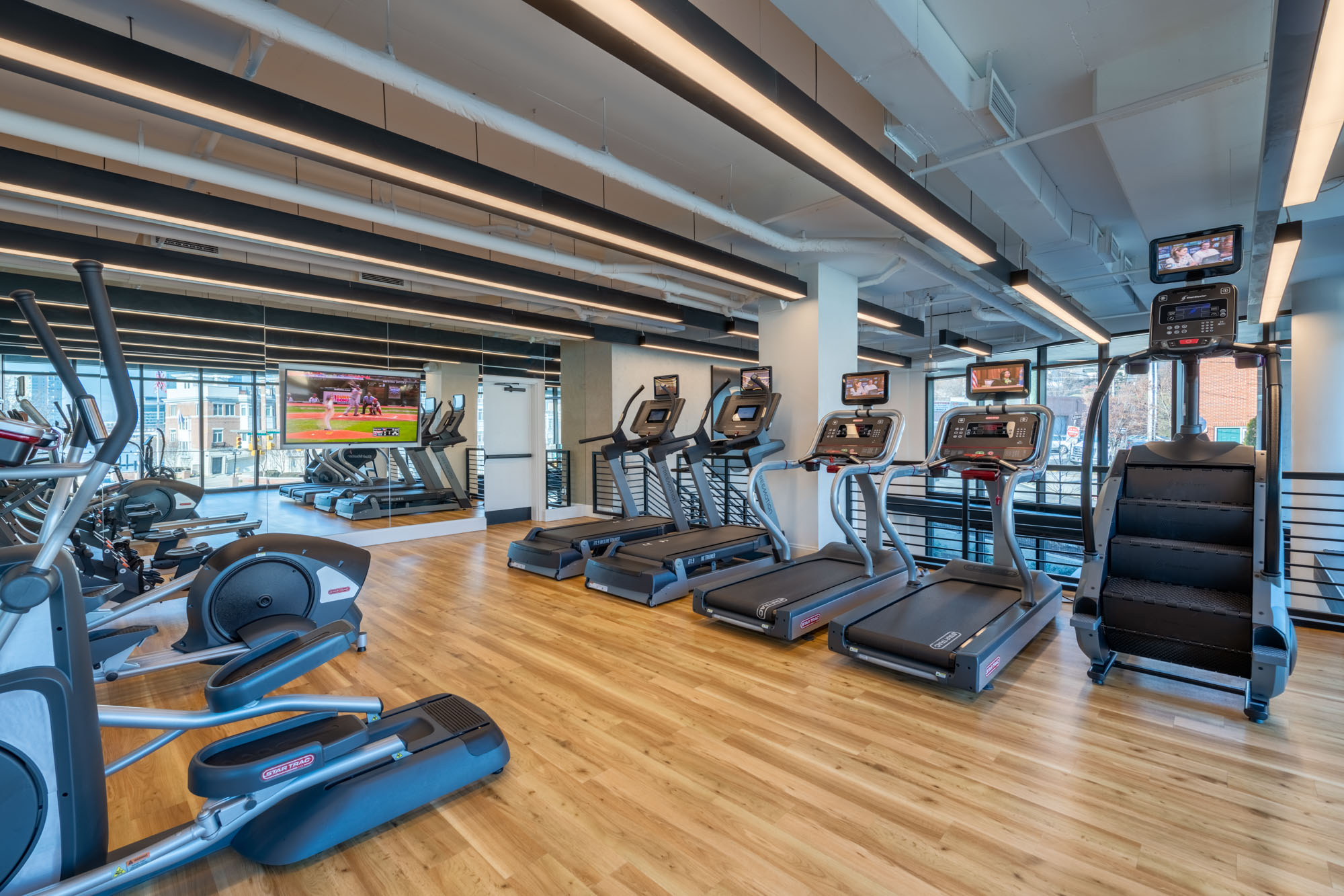 The fitness center at 1110 Key Federal Hill apartments in Baltimore, Maryland.