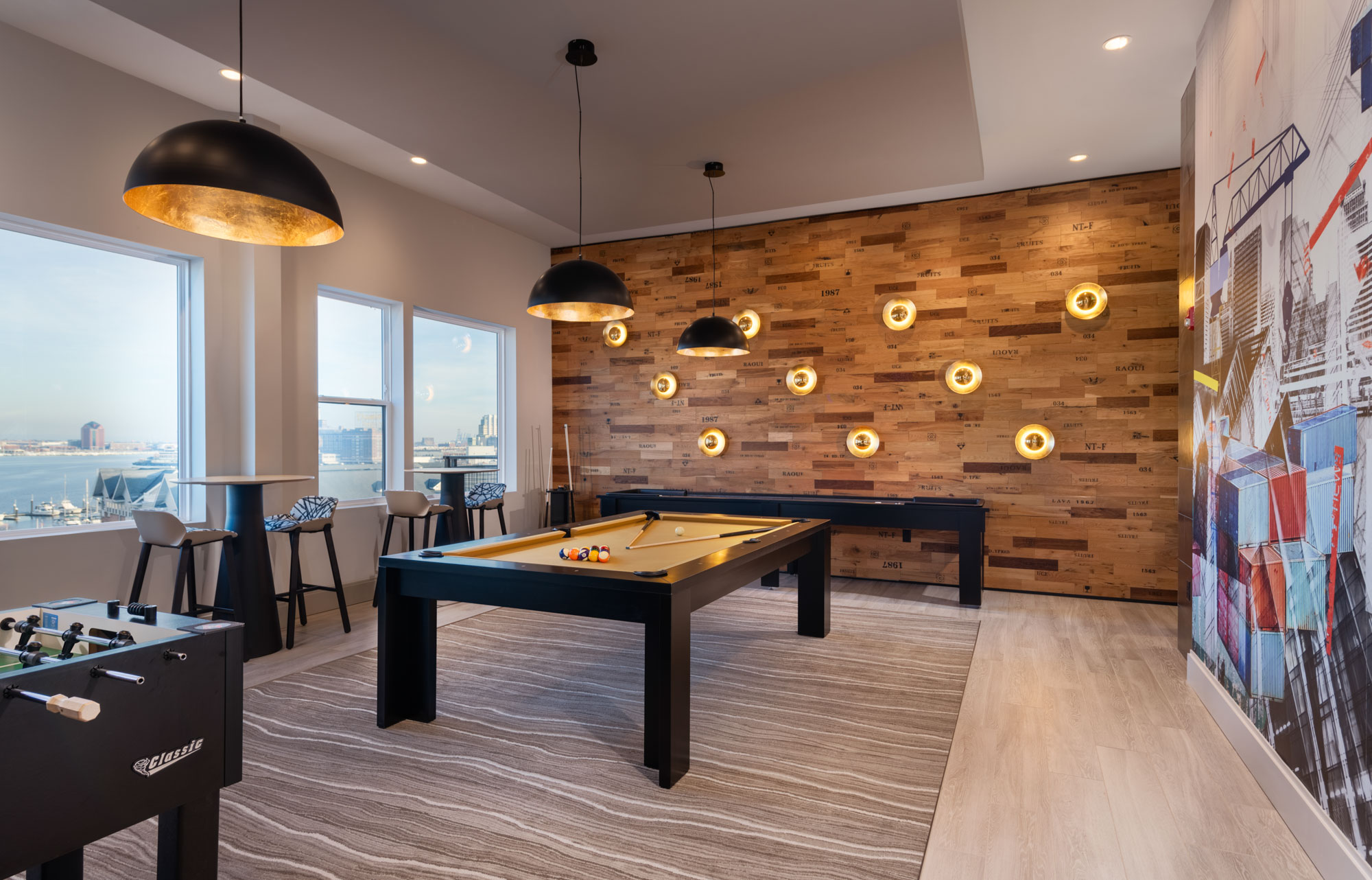 The game room at 1110 Key Federal Hill apartments in Baltimore, Maryland.