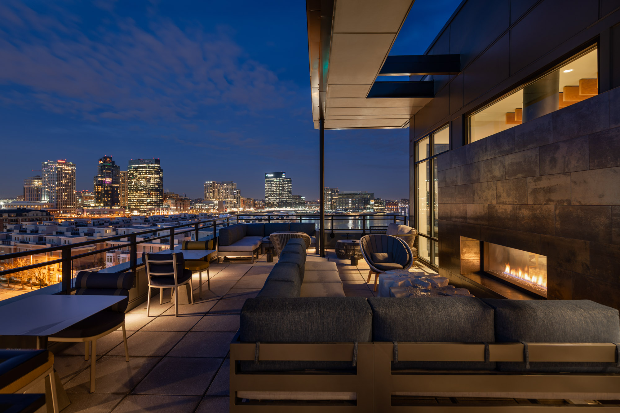 The outdoor terrace at 1110 Key Federal Hill apartments in Baltimore, Maryland.