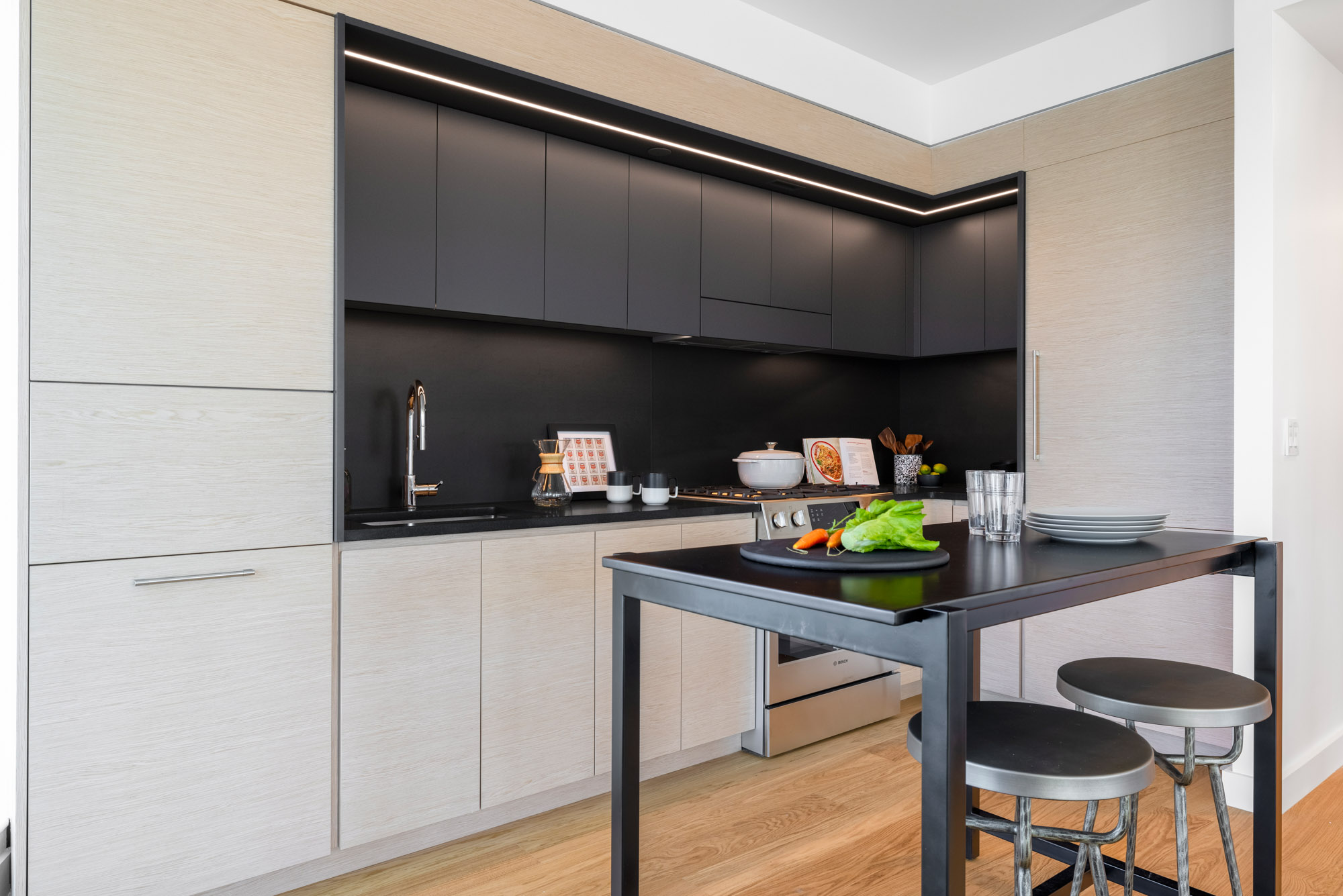 A kitchen in a Eagle + West apartment in Greenpoint Landing in Brooklyn, New York.