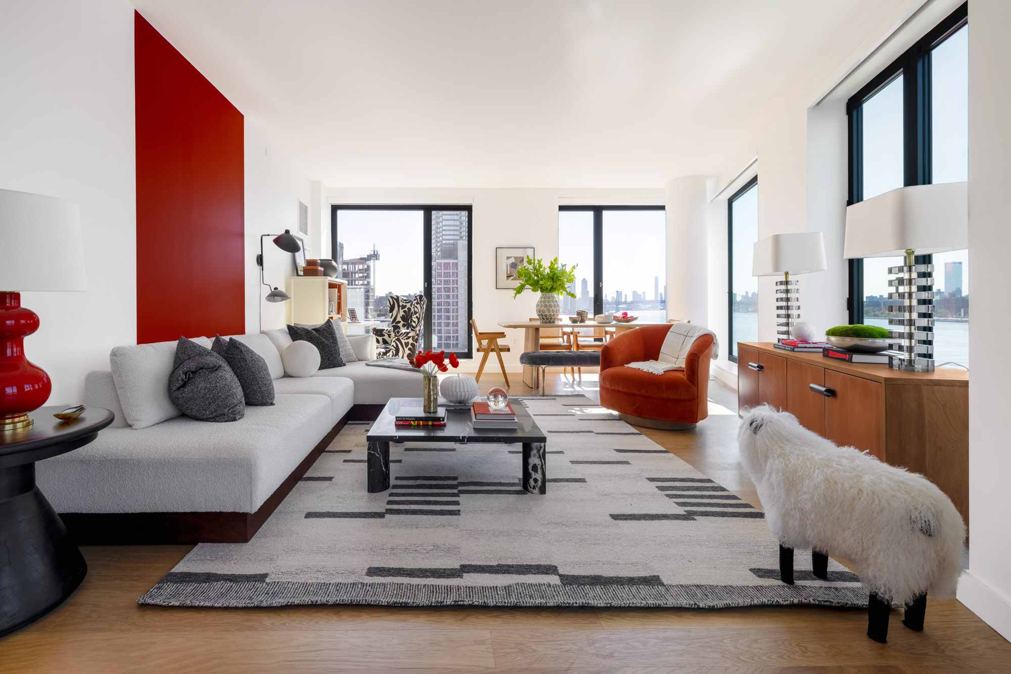 A living area in a Eagle + West apartment in Greenpoint Landing in Brooklyn, New York.