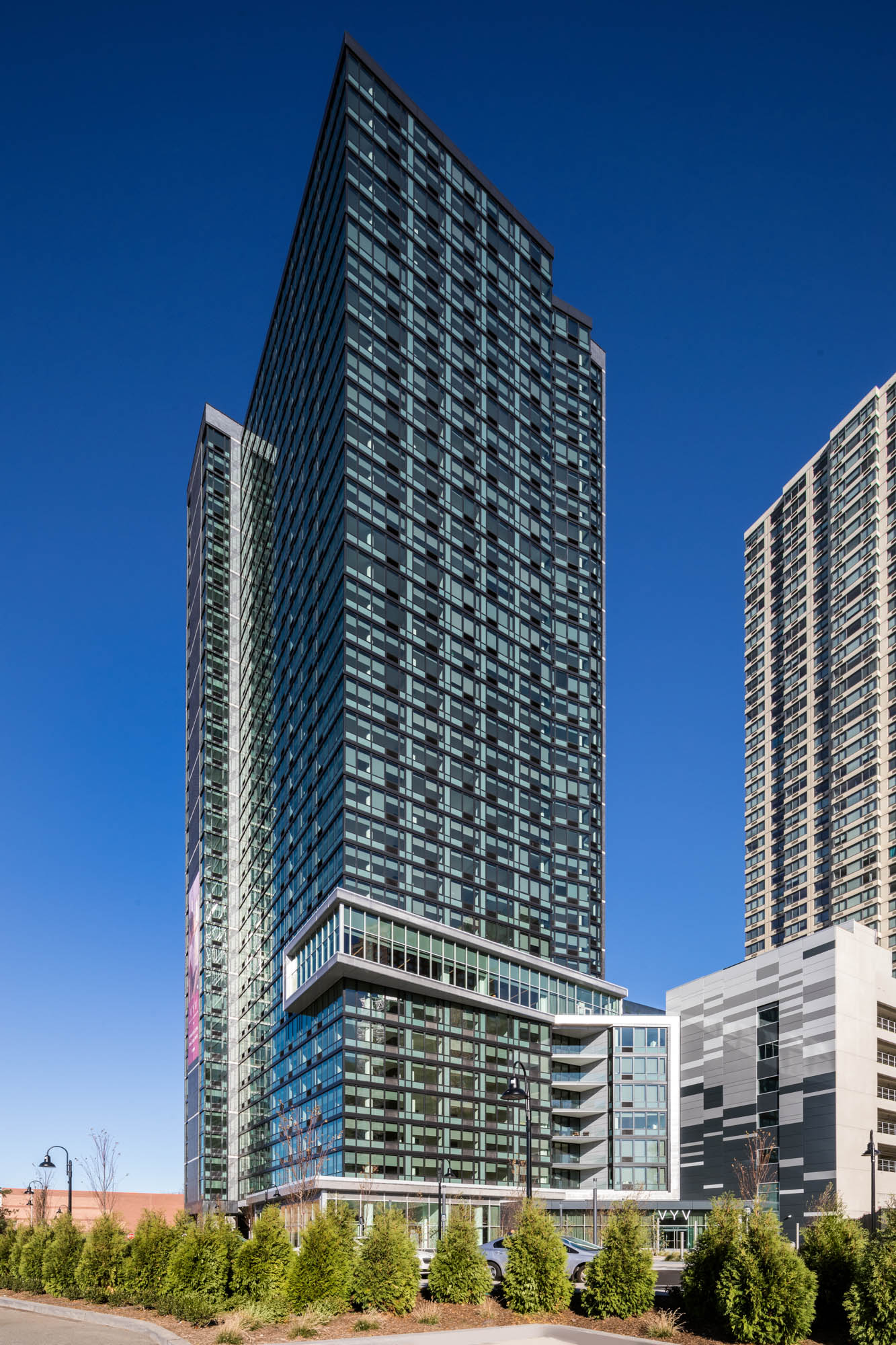 The exterior of VYV apartments in Jersey City, New Jersey.