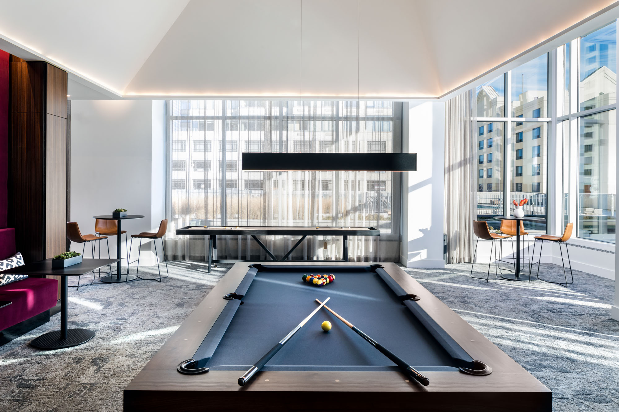 The game room at VYV apartments in Jersey City, New Jersey.