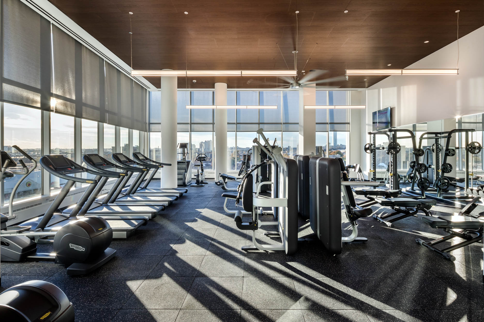 The fitness center at VYV apartments in Jersey City, New Jersey.