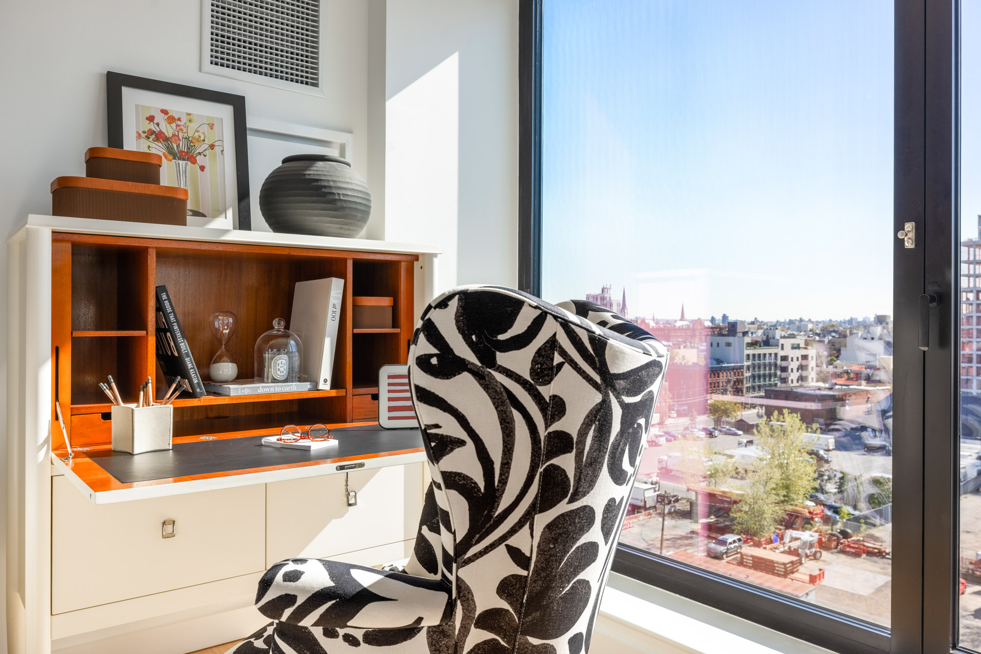 A bedroom in a Eagle + West apartment in Greenpoint Landing in Brooklyn, New York.