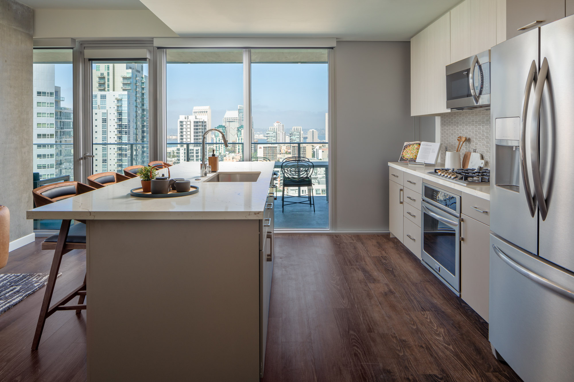 Kitchen space at The Merian Apartments in San Diego, California.