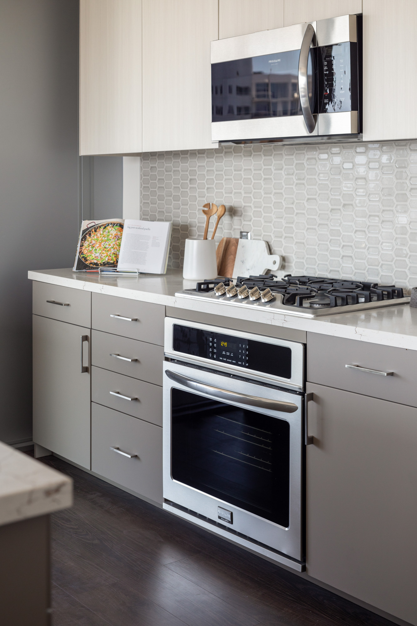 Kitchen space at The Merian Apartments in San Diego, California.