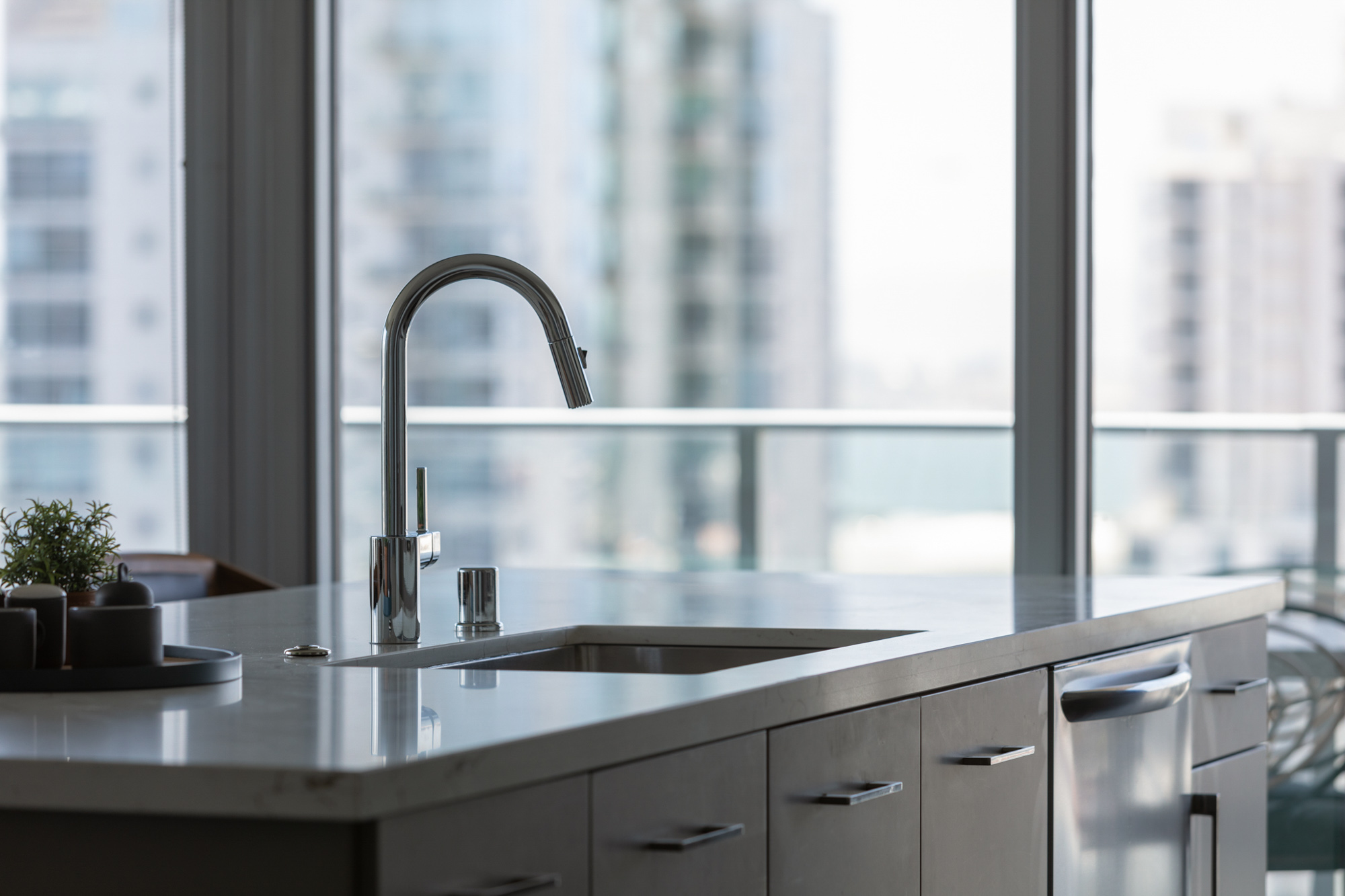 Kitchen space at The Merian Apartments in San Diego, California.