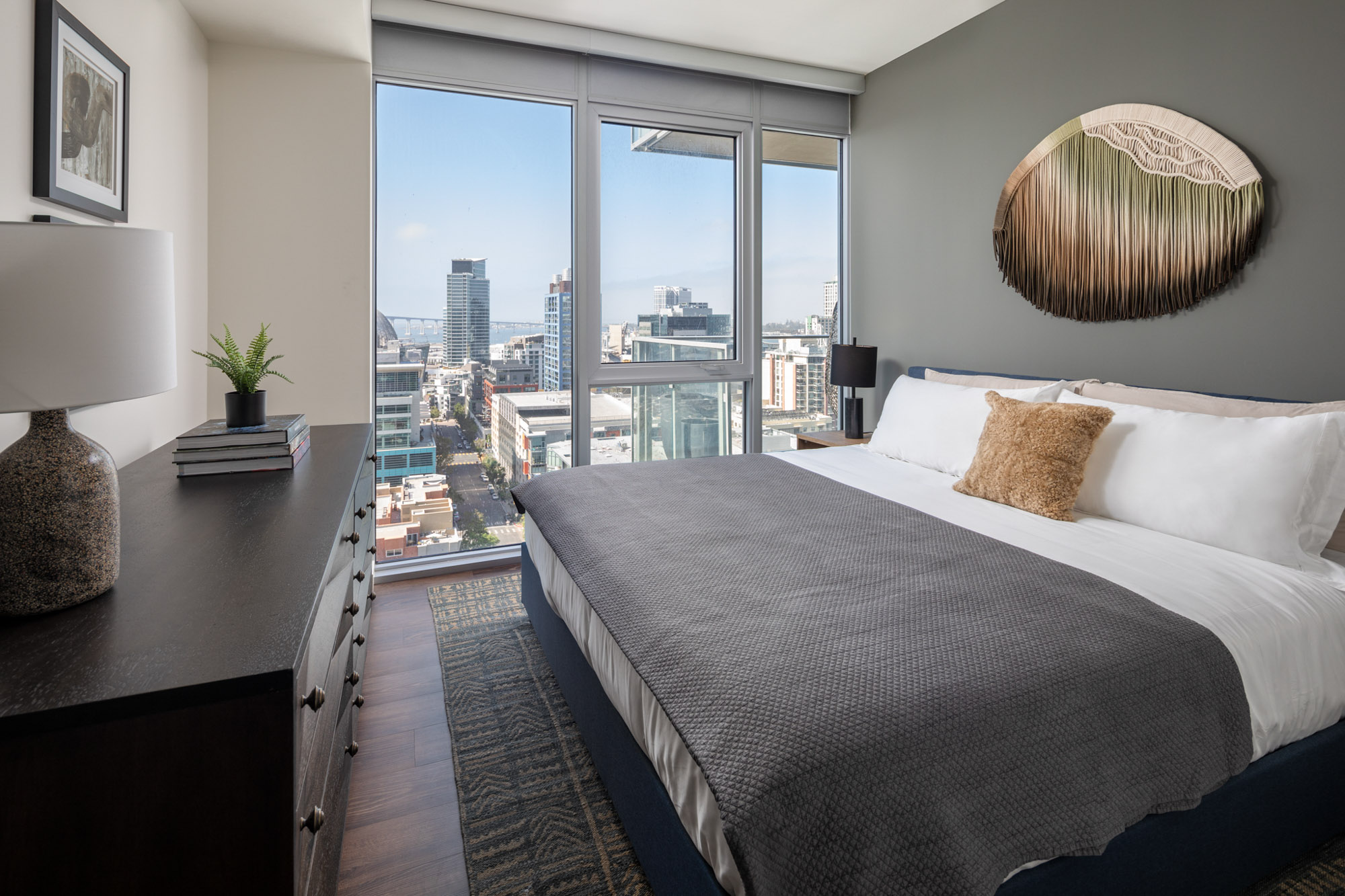 Bedroom space at The Merian Apartments in San Diego, California.