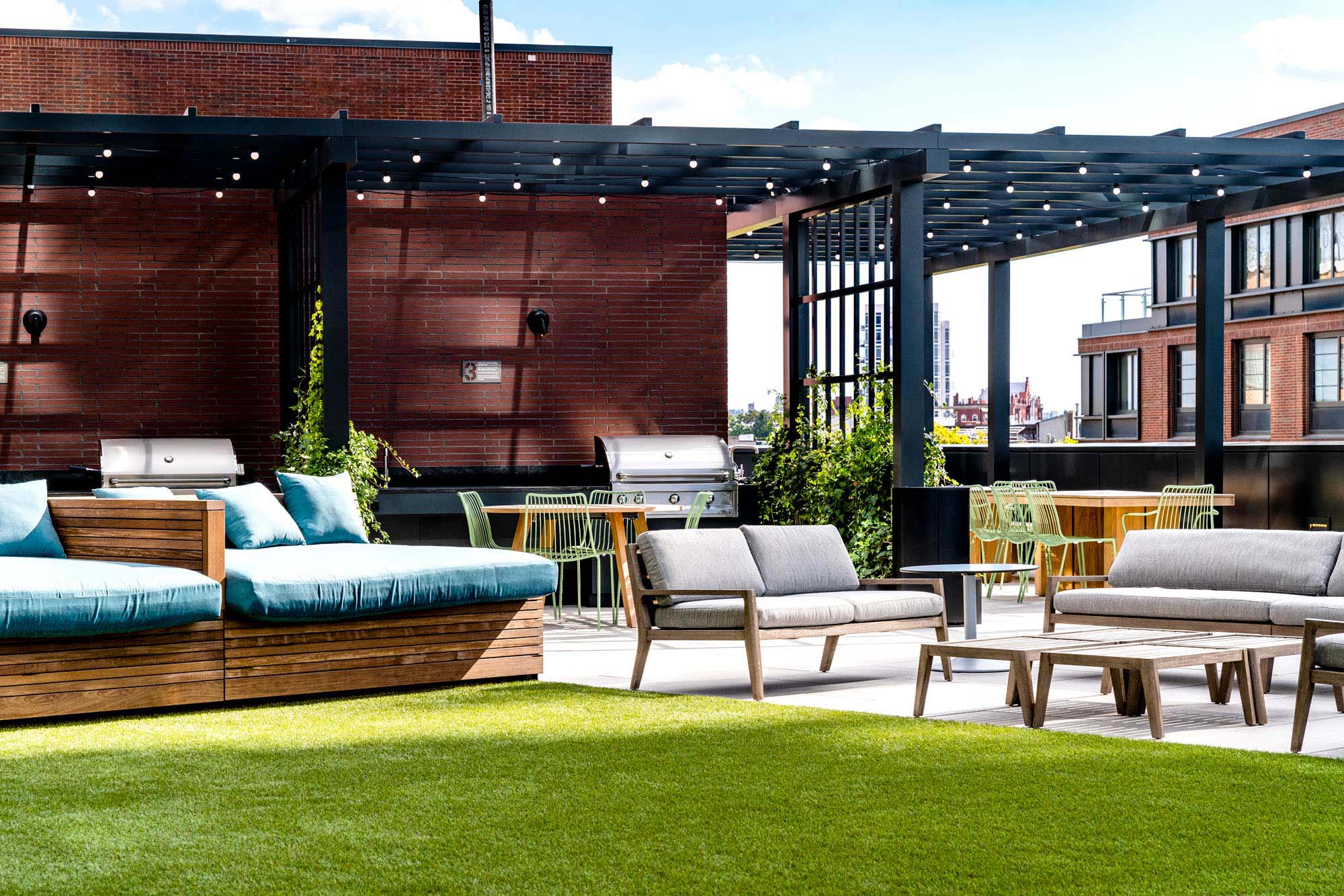 The terrace at One Blue Slip in Greenpoint Landing in Brooklyn, New York.