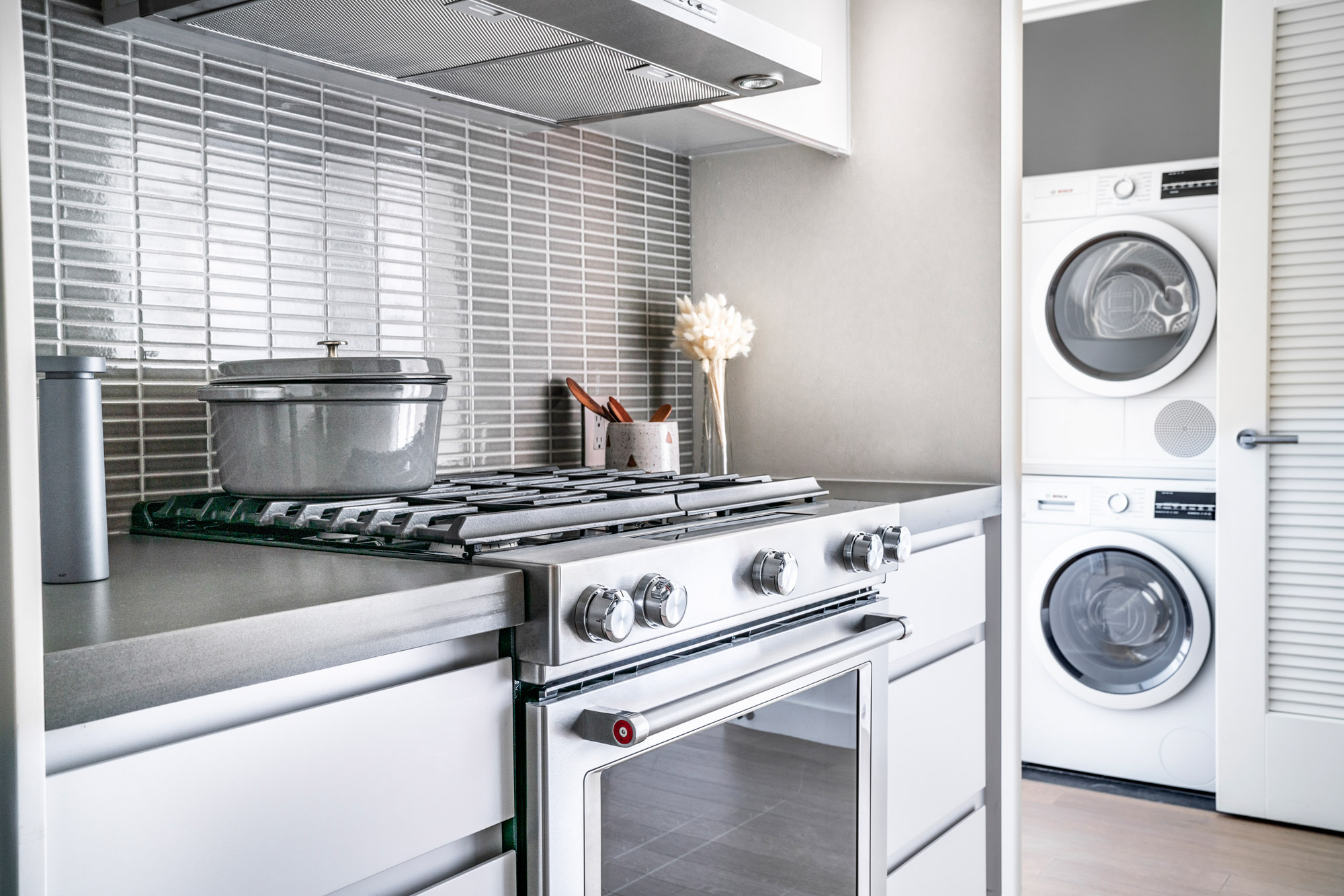 A kitchen in One Blue Slip in Greenpoint Landing in Brooklyn, New York.