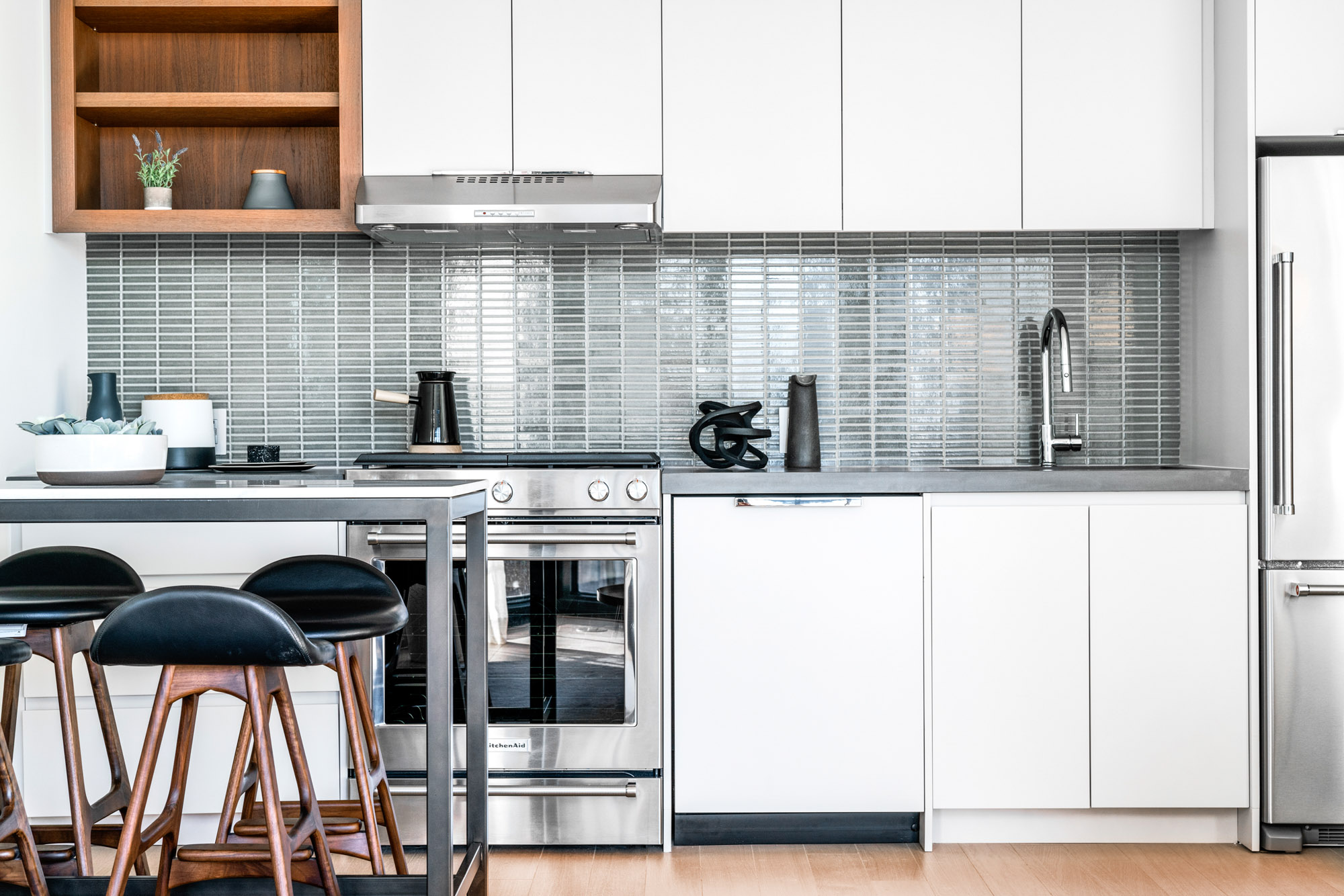 A kitchen in One Blue Slip in Greenpoint Landing in Brooklyn, New York.