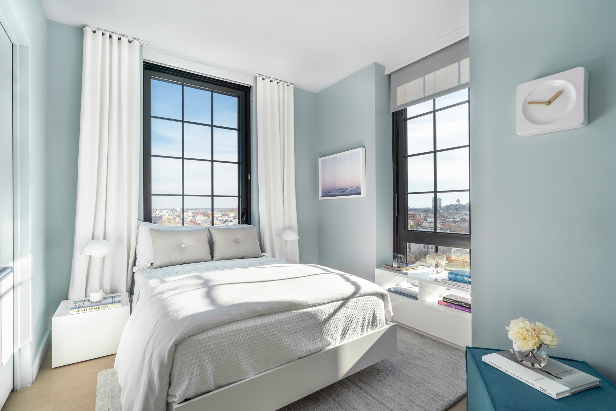 A bedroom in One Blue Slip in Greenpoint Landing in Brooklyn, New York.