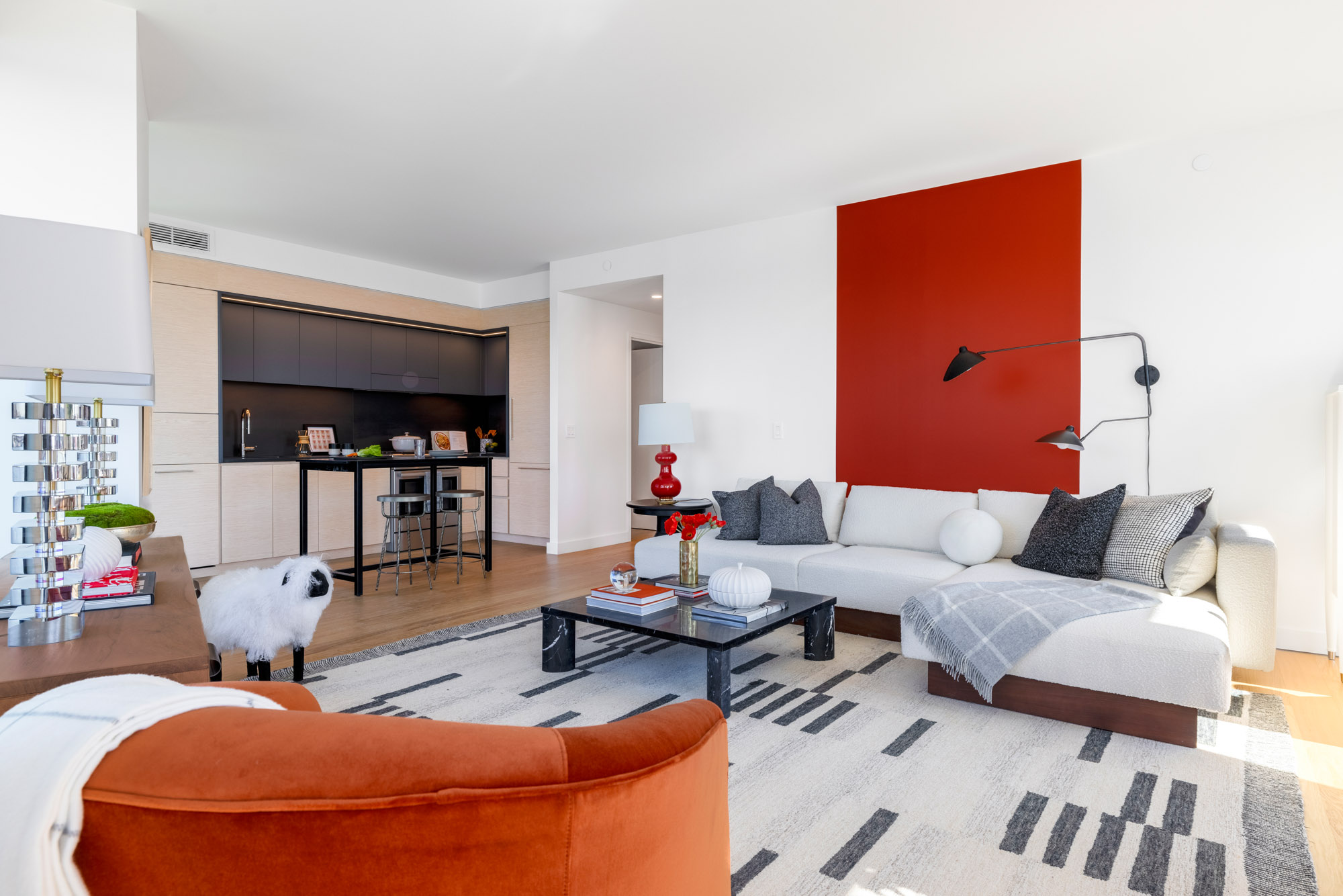 A living area in a Eagle + West apartment in Greenpoint Landing in Brooklyn, New York.