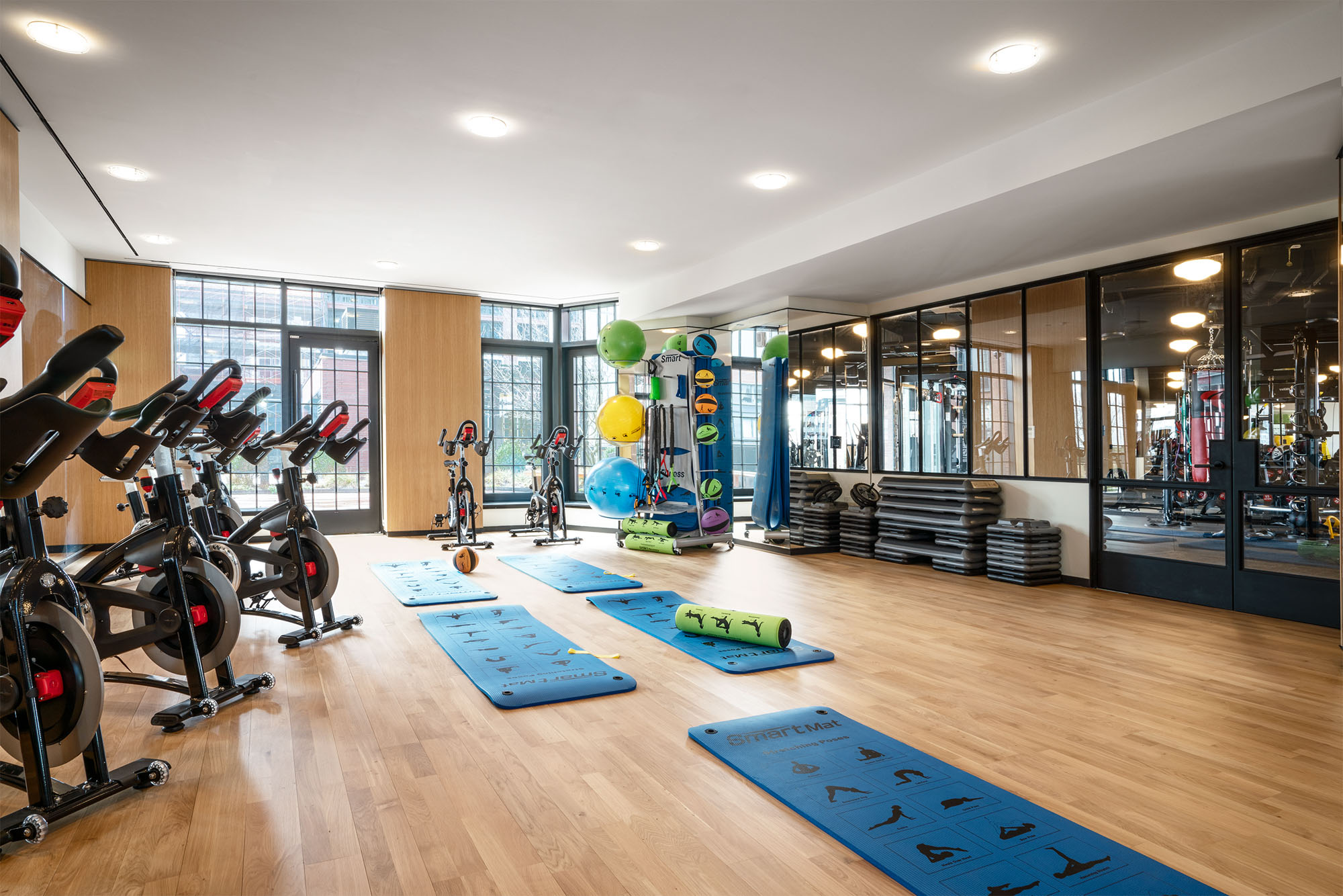 The yoga room at One Blue Slip in Greenpoint Landing in Brooklyn, New York.