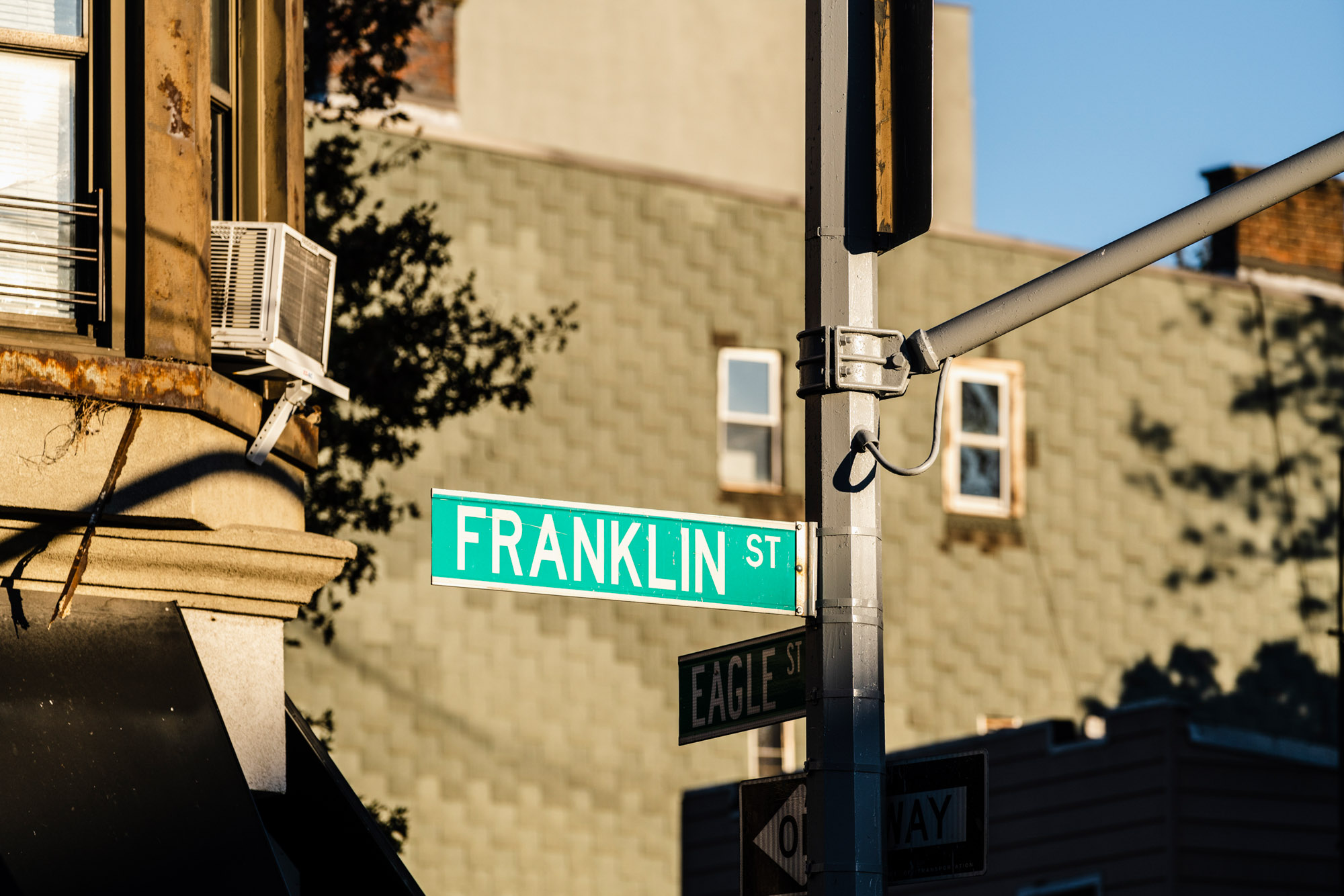 The intersection of Franklin St and Eagle St in Greenpoint Brooklyn near Two Blue Slip apartments.