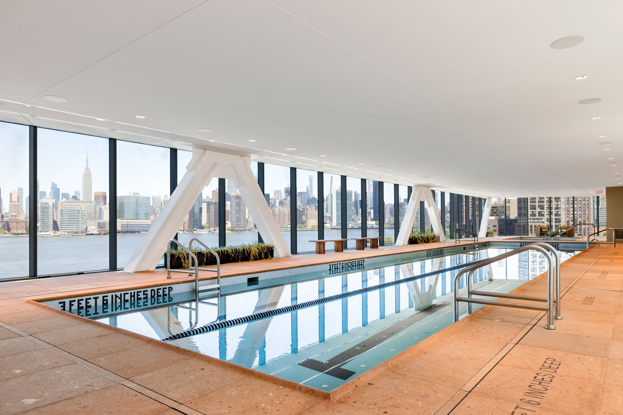 The indoor pool at Eagle + West apartments in Greenpoint Landing in Brooklyn, New York.