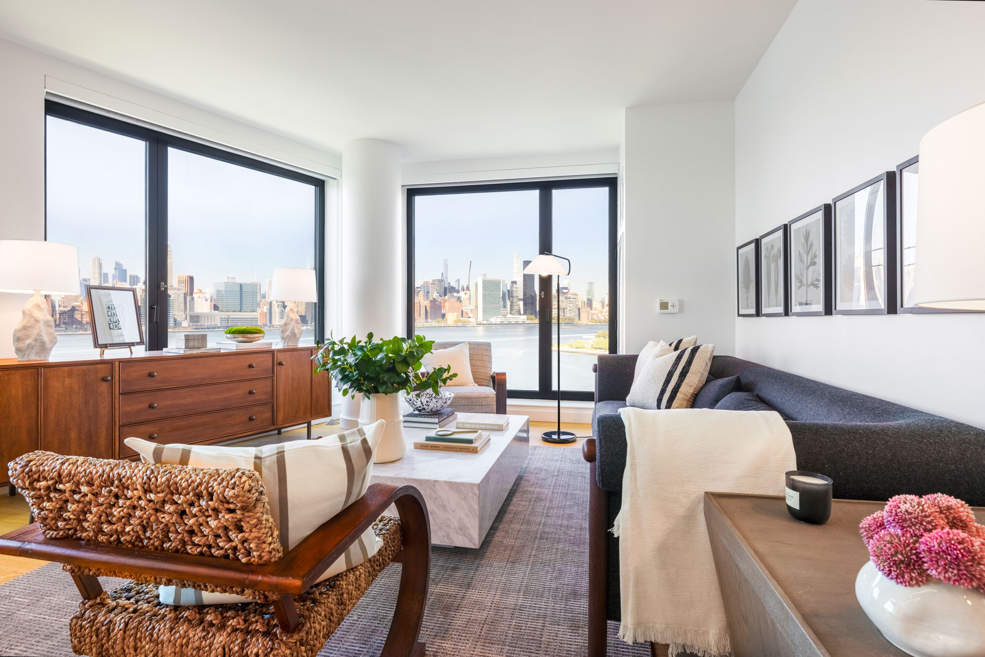 A living area in a Eagle + West apartment in Greenpoint Landing in Brooklyn, New York.