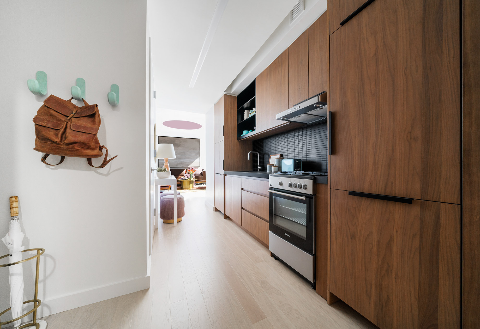 The kitchen at Two Blue Slip apartments in Greenpoint, Brooklyn, New York.