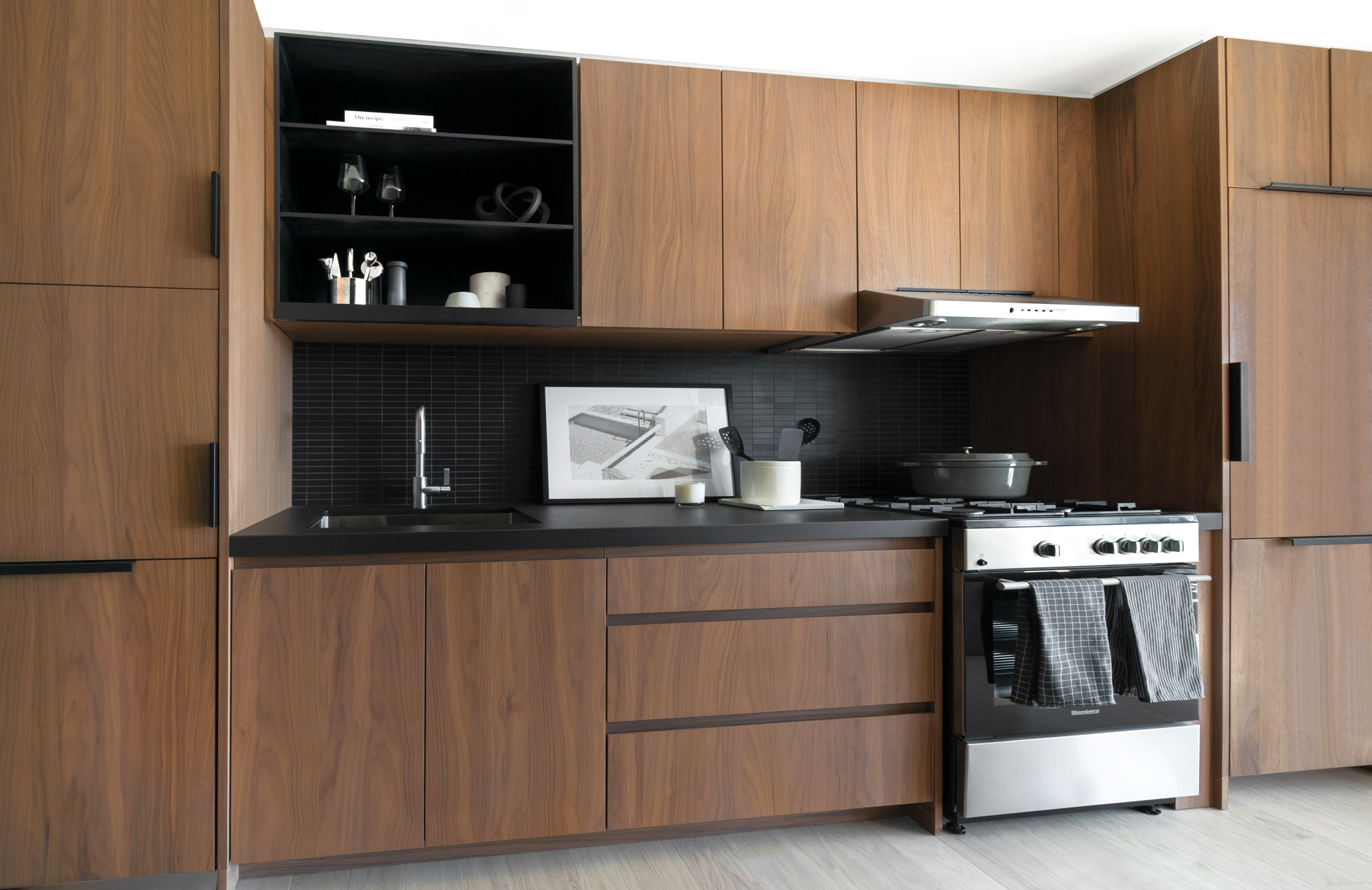 The kitchen at Two Blue Slip apartments in Greenpoint, Brooklyn, New York.