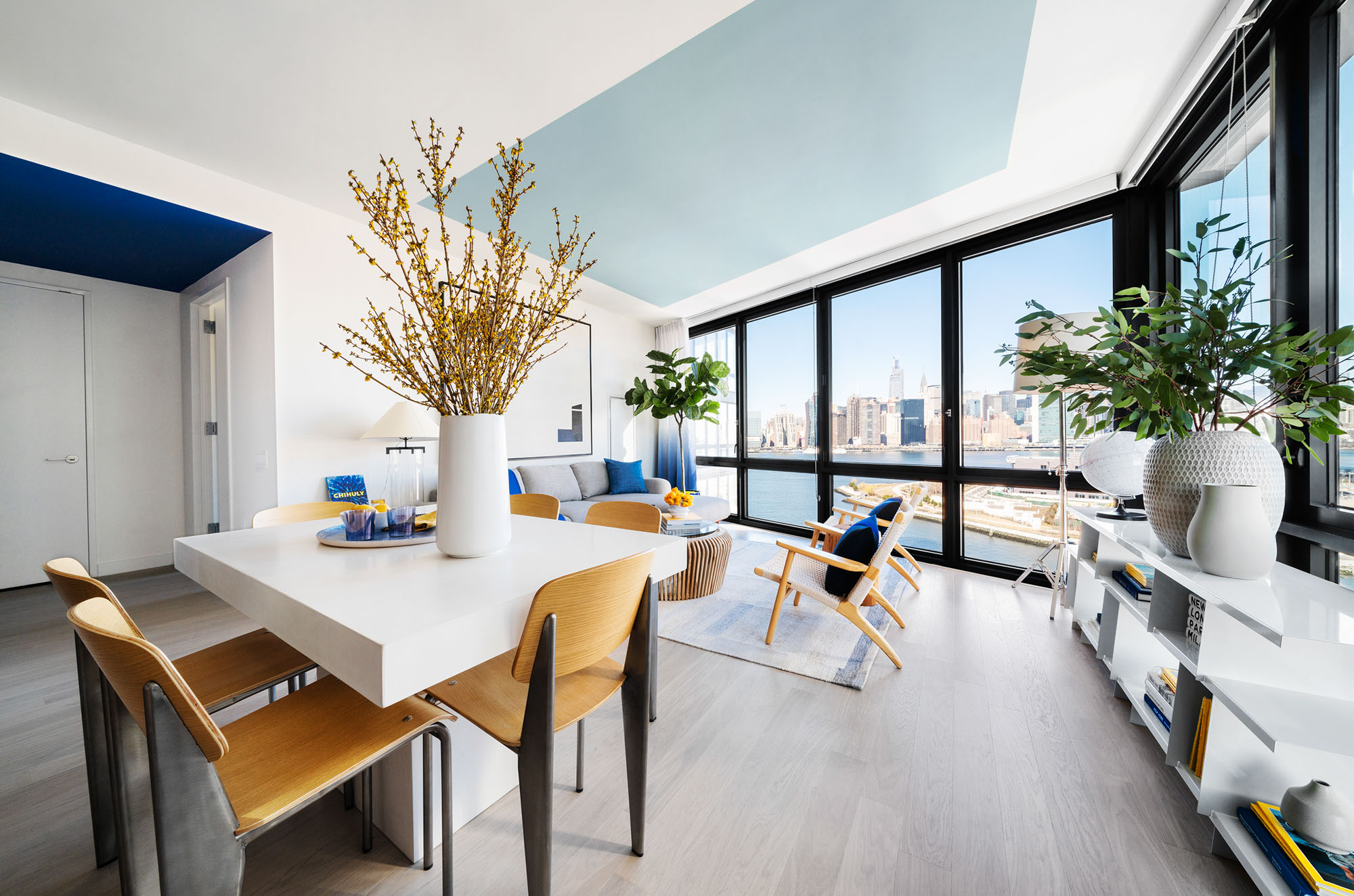 The living area at Two Blue Slip apartments in Greenpoint, Brooklyn, New York.