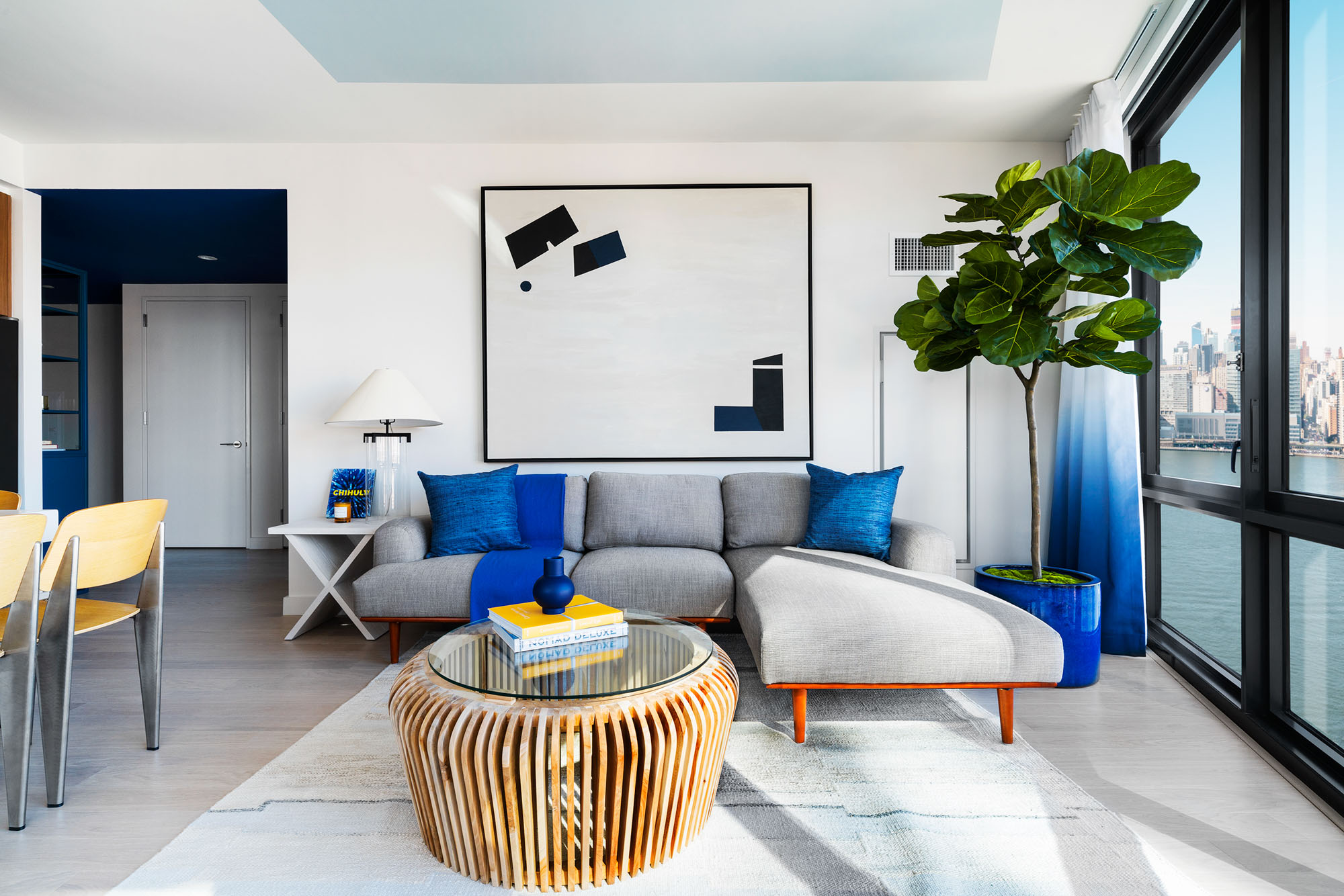 The living area at Two Blue Slip apartments in Greenpoint, Brooklyn, New York.