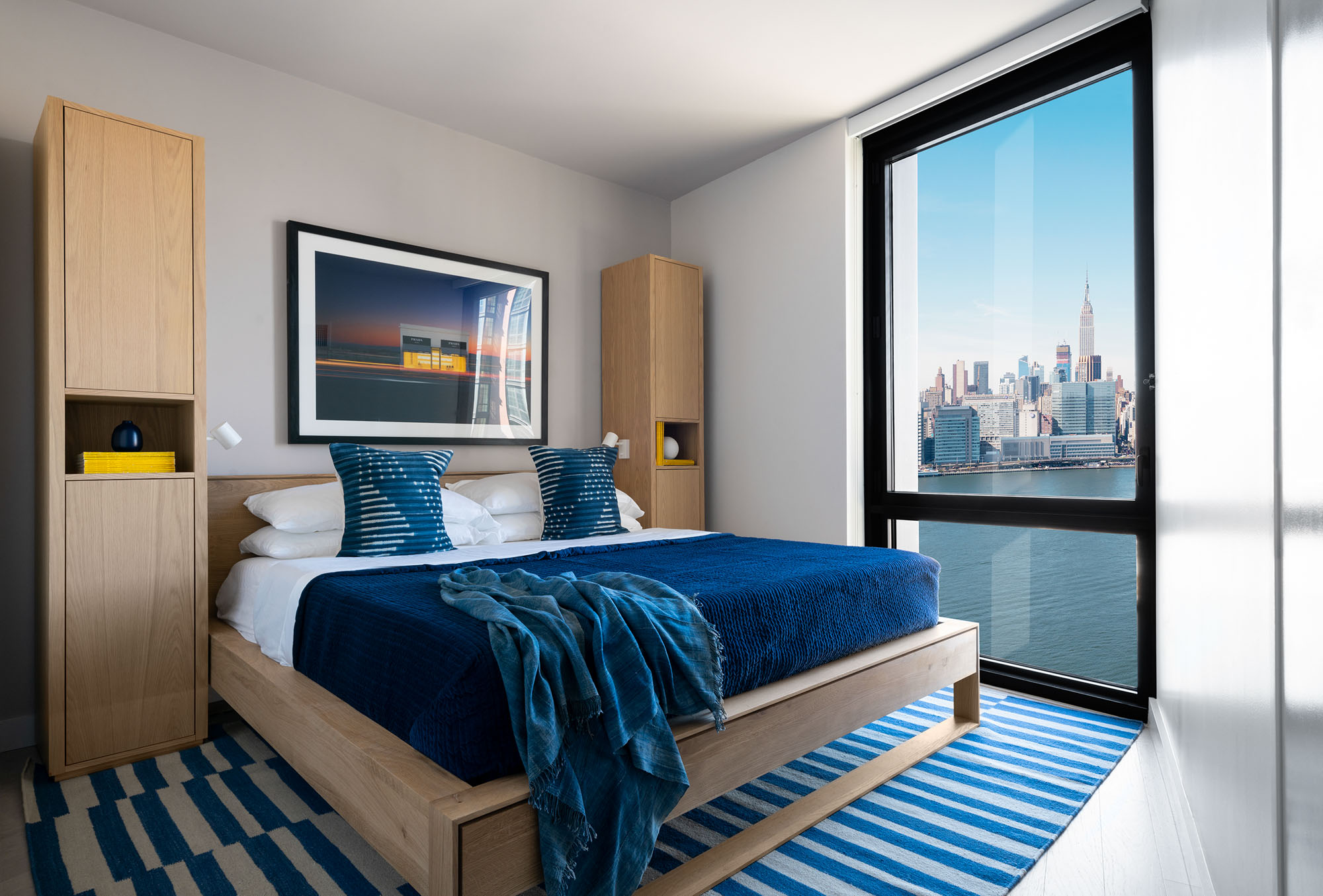 The bedroom at Two Blue Slip apartments in Greenpoint, Brooklyn, New York.