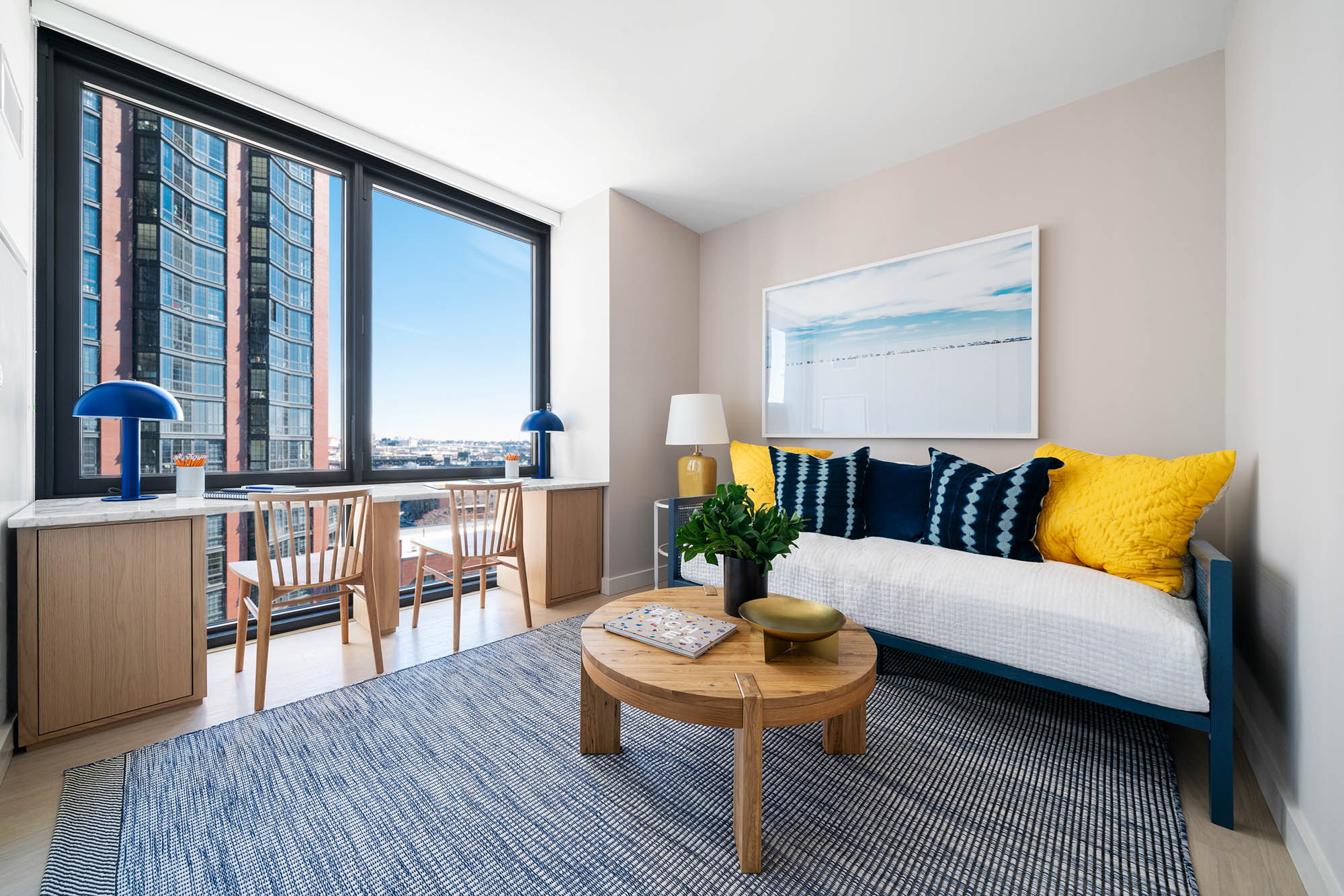 The bedroom at Two Blue Slip apartments in Greenpoint, Brooklyn, New York.