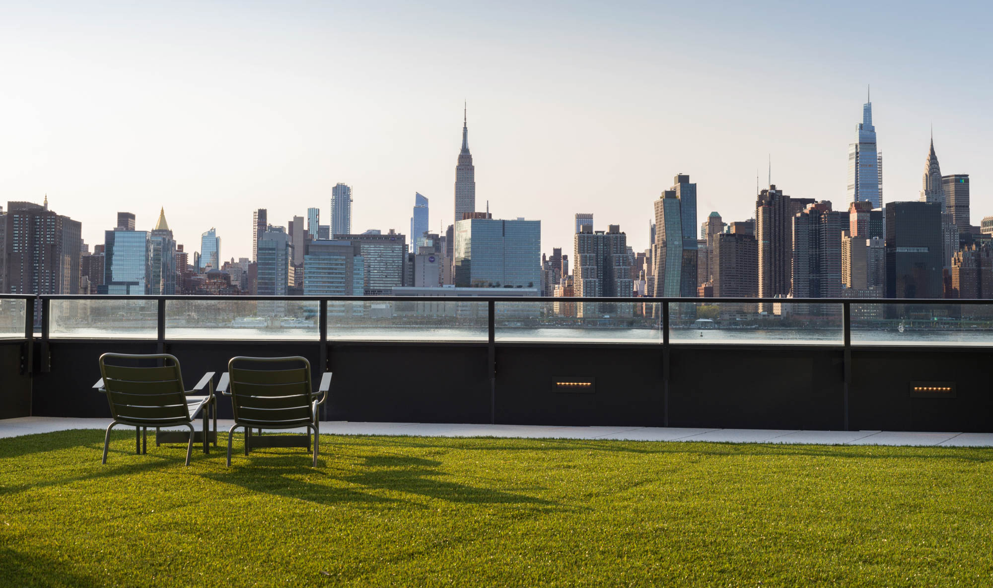 The amenity deck at Two Blue Slip apartments in Greenpoint, Brooklyn, New York.