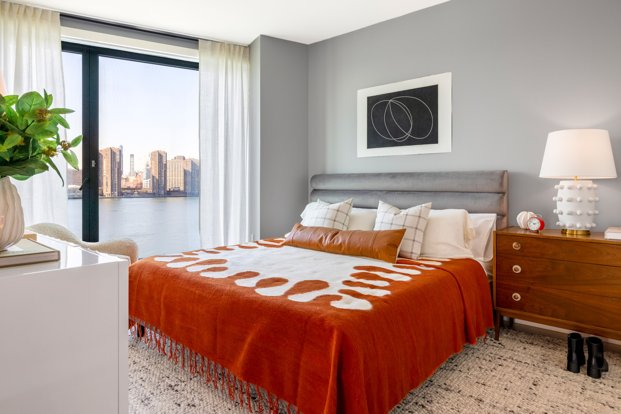 A bedroom in a Eagle + West apartment in Greenpoint Landing in Brooklyn, New York.