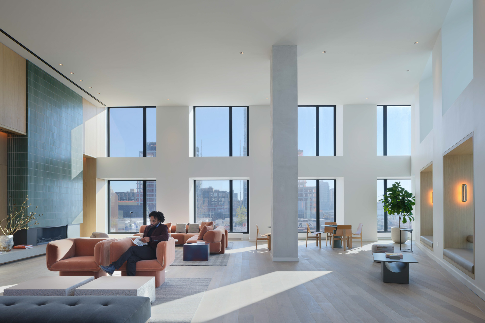 The Great Room at Eagle + West apartments in Greenpoint Landing in Brooklyn, New York.