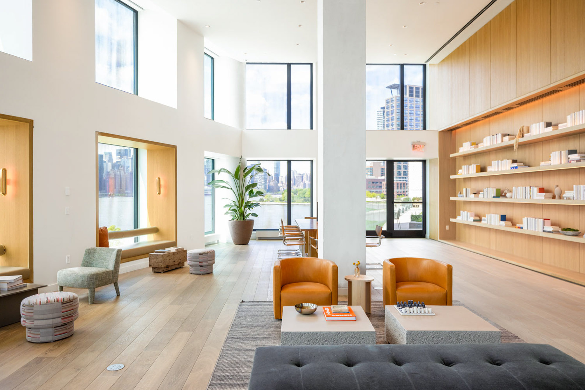 The Great Room at Eagle + West apartments in Greenpoint Landing in Brooklyn, New York.