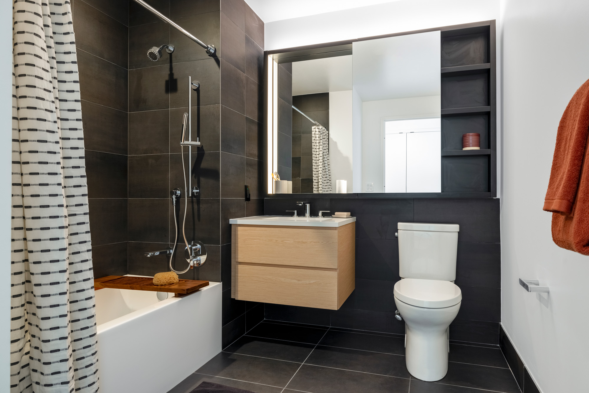 A bathroom in a Eagle + West apartment in Greenpoint Landing in Brooklyn, New York.