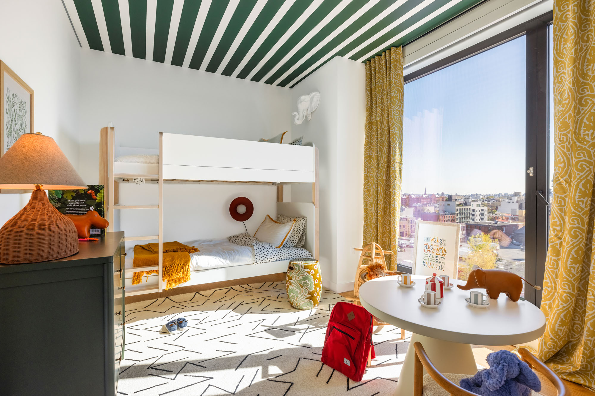 A bedroom in a Eagle + West apartment in Greenpoint Landing in Brooklyn, New York.