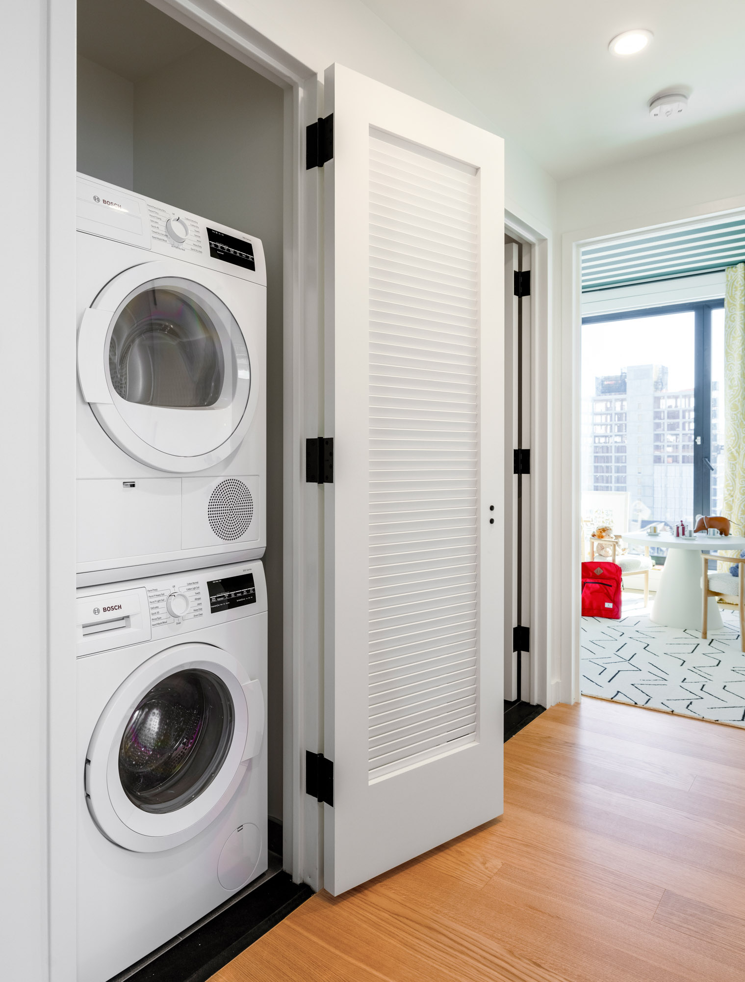 A washer and dryer in a Eagle + West apartment in Greenpoint Landing in Brooklyn, New York.