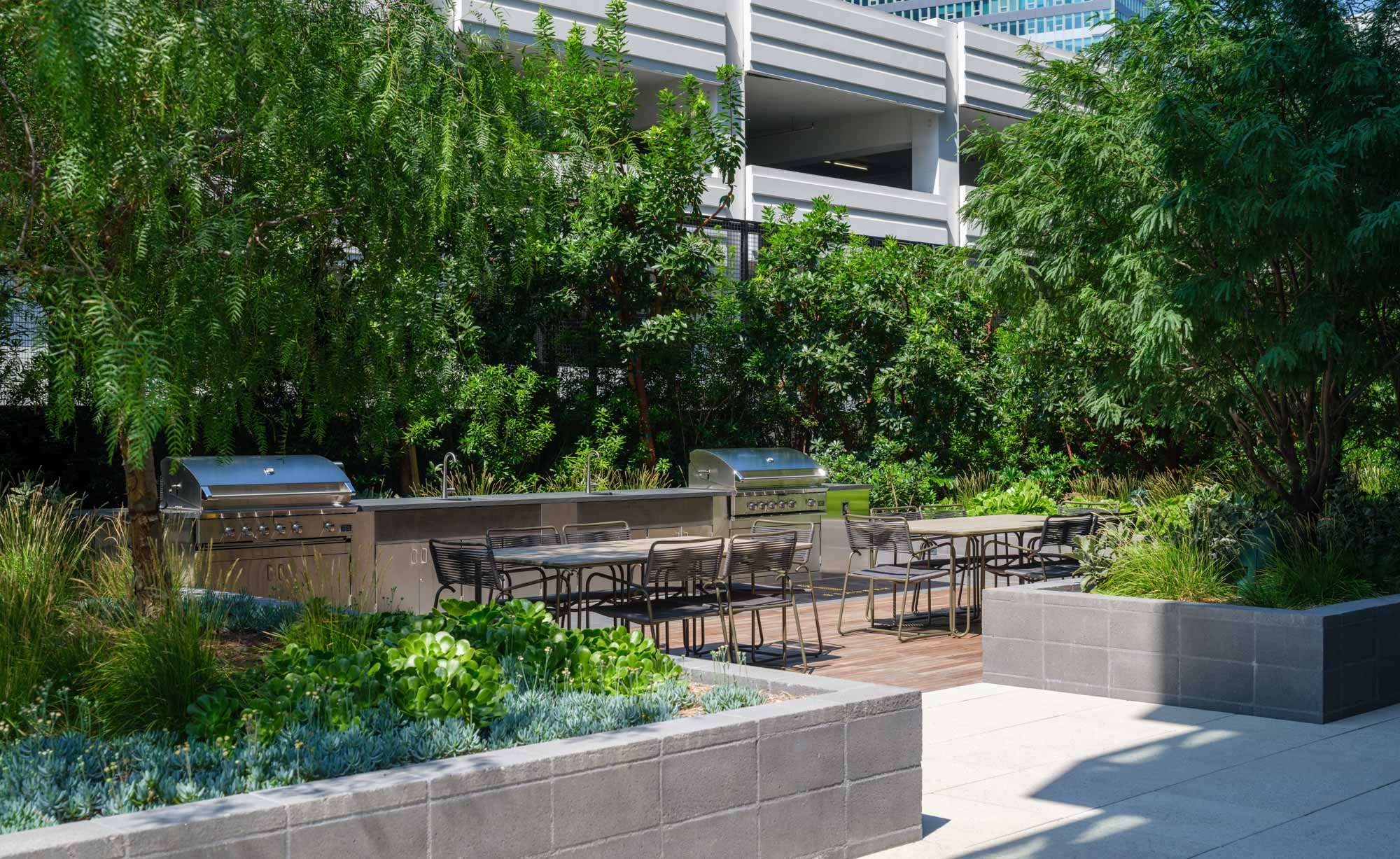 The grilling stations at Beaudry apartments in downtown Los Angeles.