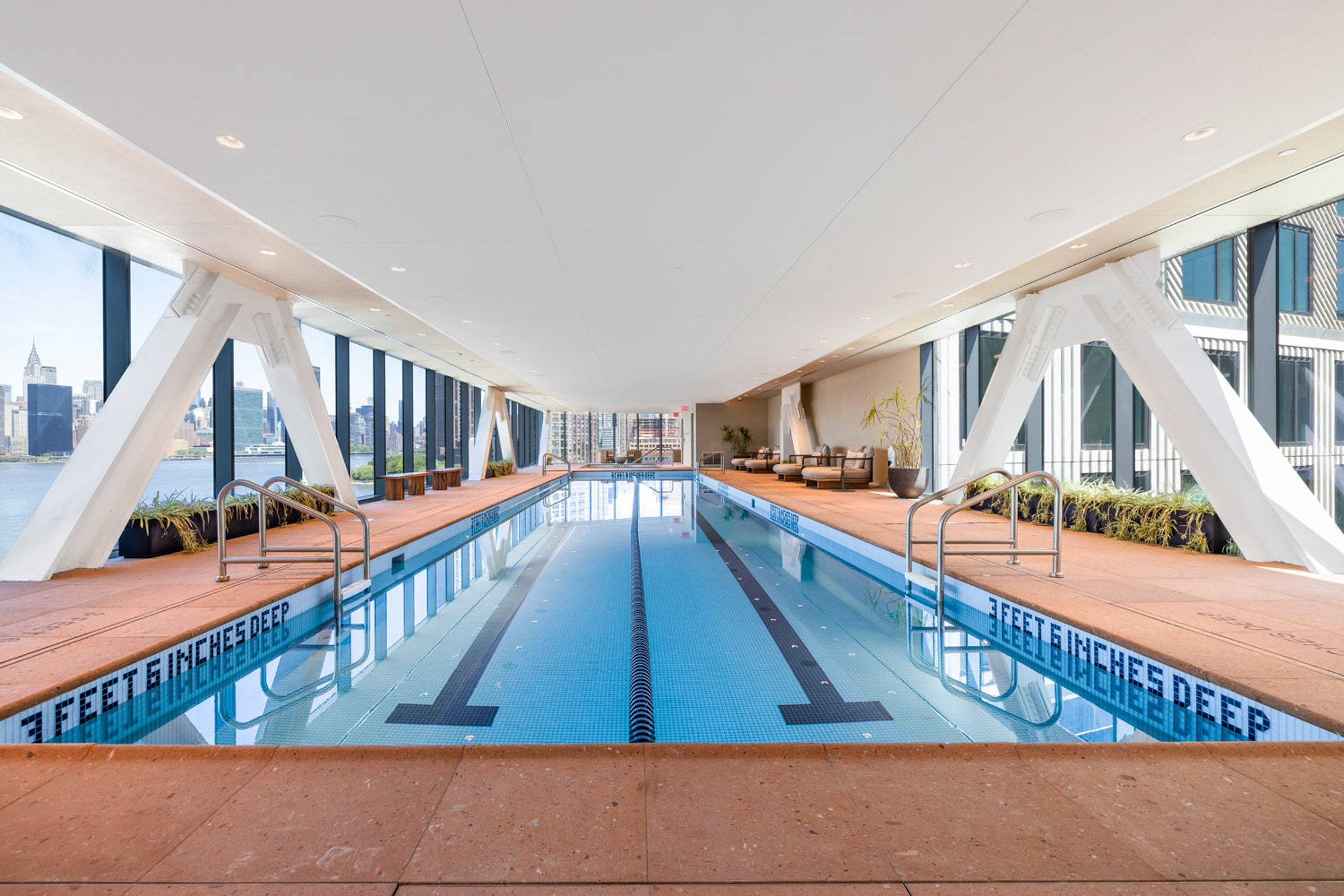 The Indoor Pool at Eagle + West apartments in Greenpoint Landing in Brooklyn, New York.