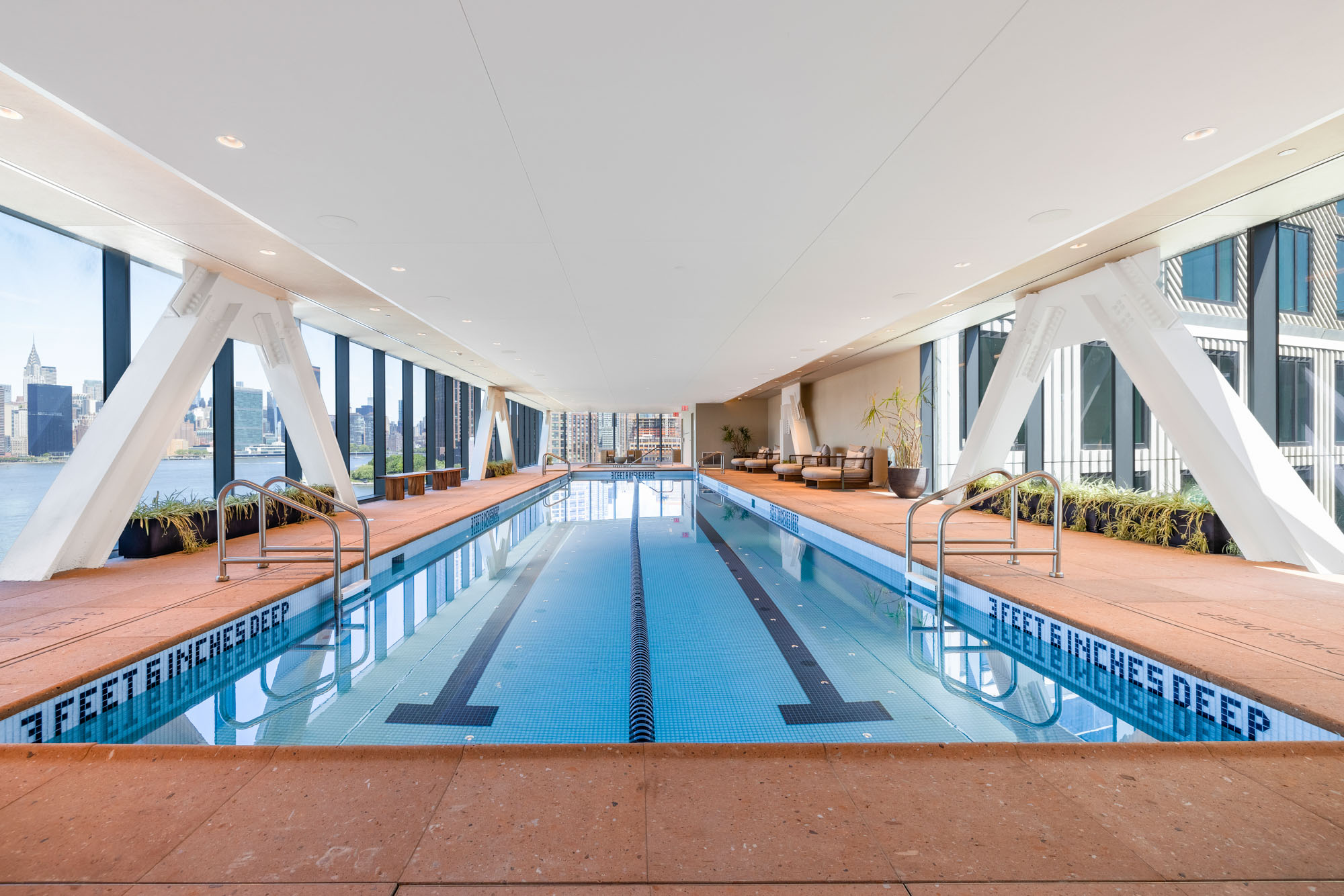 The indoor pool at Eagle + West apartments in Greenpoint Landing in Brooklyn, New York.