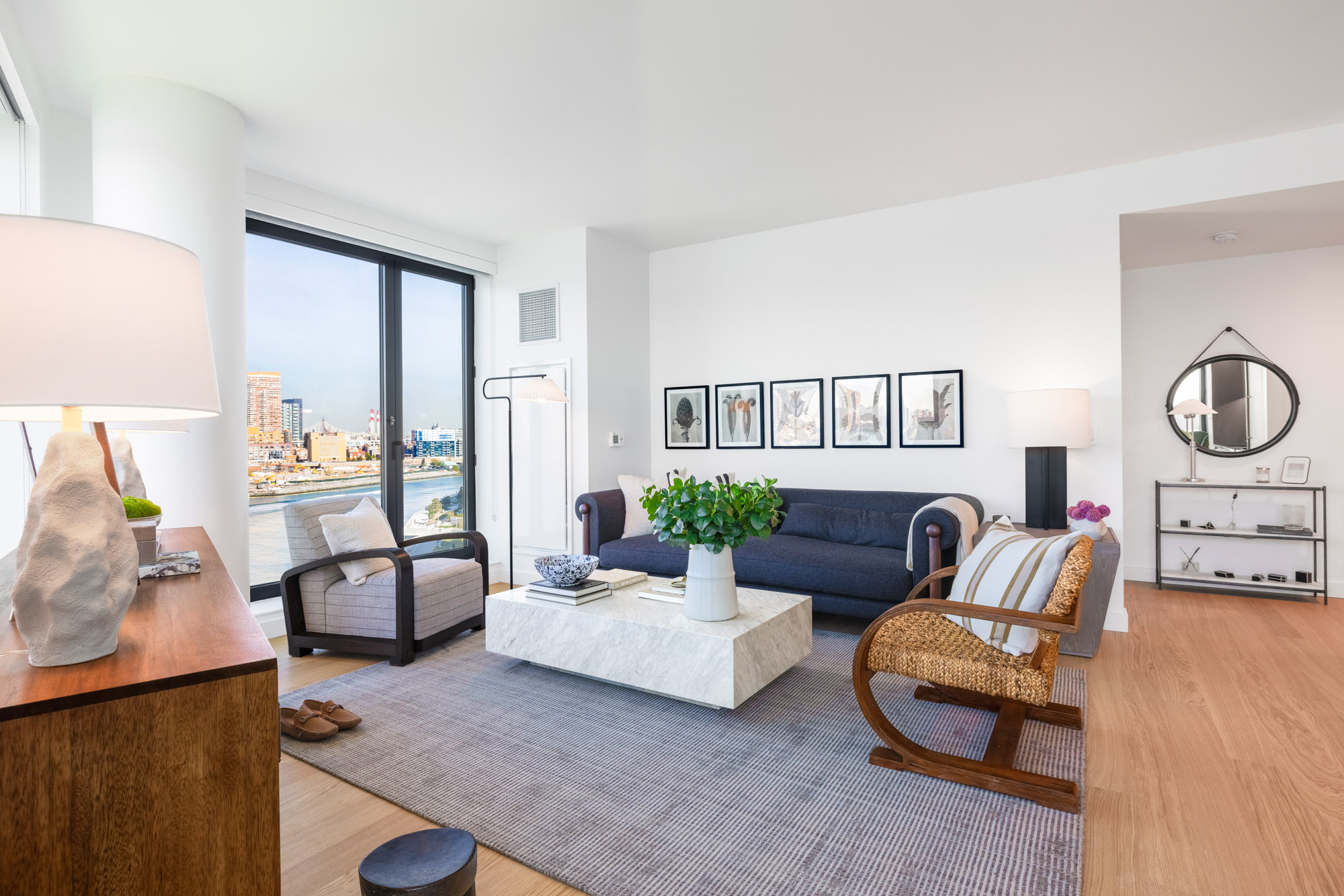 A living area in a Eagle + West apartment in Greenpoint Landing in Brooklyn, New York.