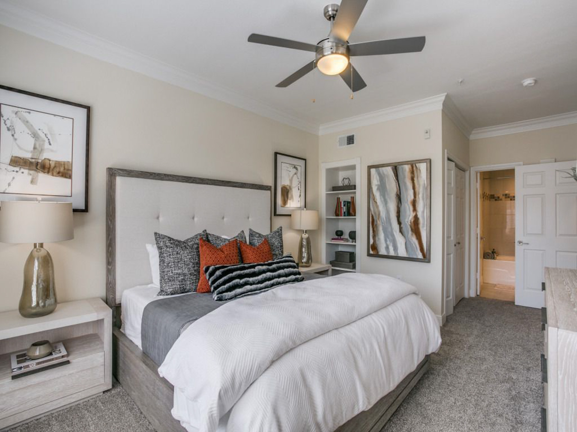 The bedroom in a Village on Memorial townhouse in Houston, TX.