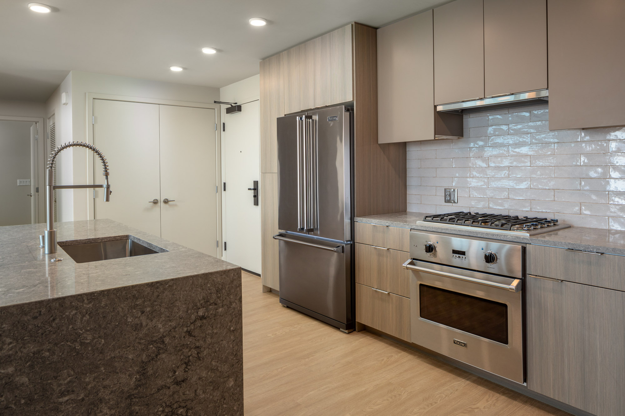 Kitchen space at The Merian Apartments in San Diego, California.