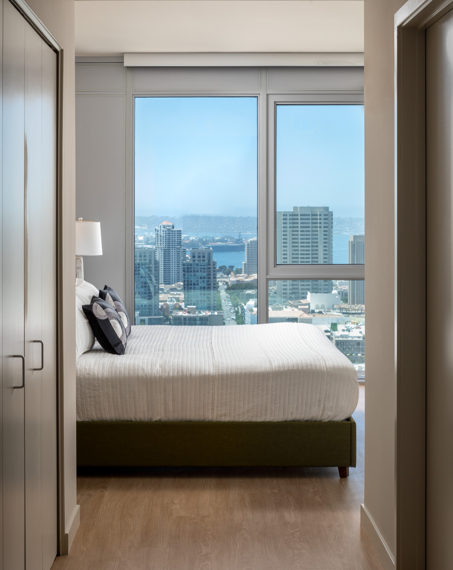 Bedroom space at The Merian Apartments in San Diego, California.