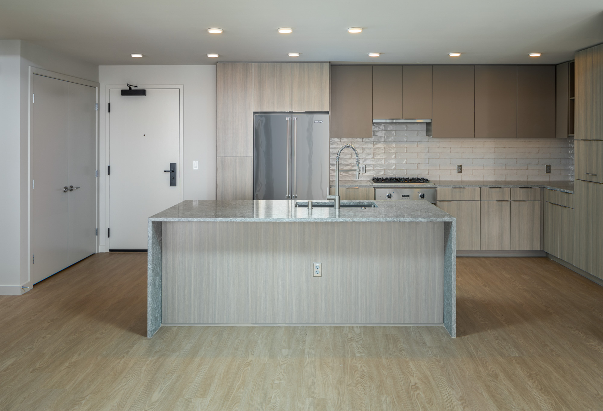 Kitchen space at The Merian Apartments in San Diego, California.