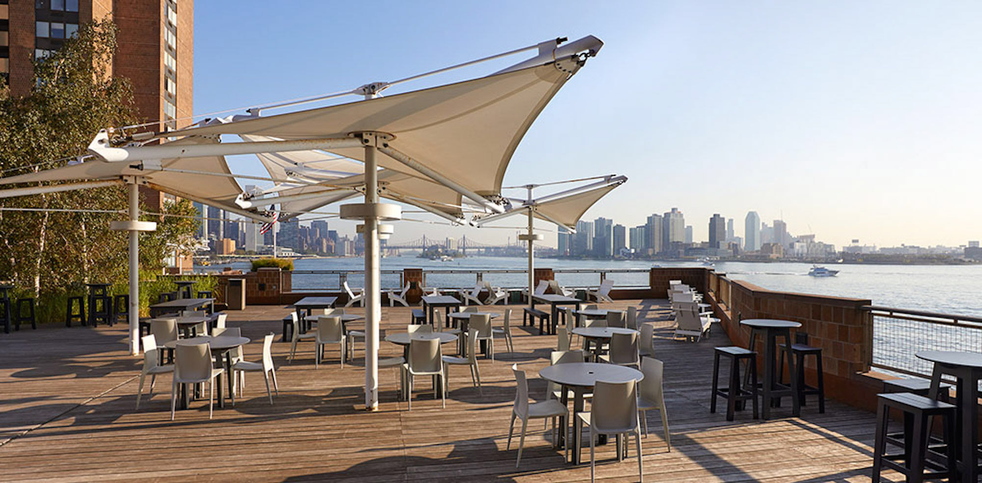 An outdoor terrace at Waterside Plaza apartments in Manhattan.